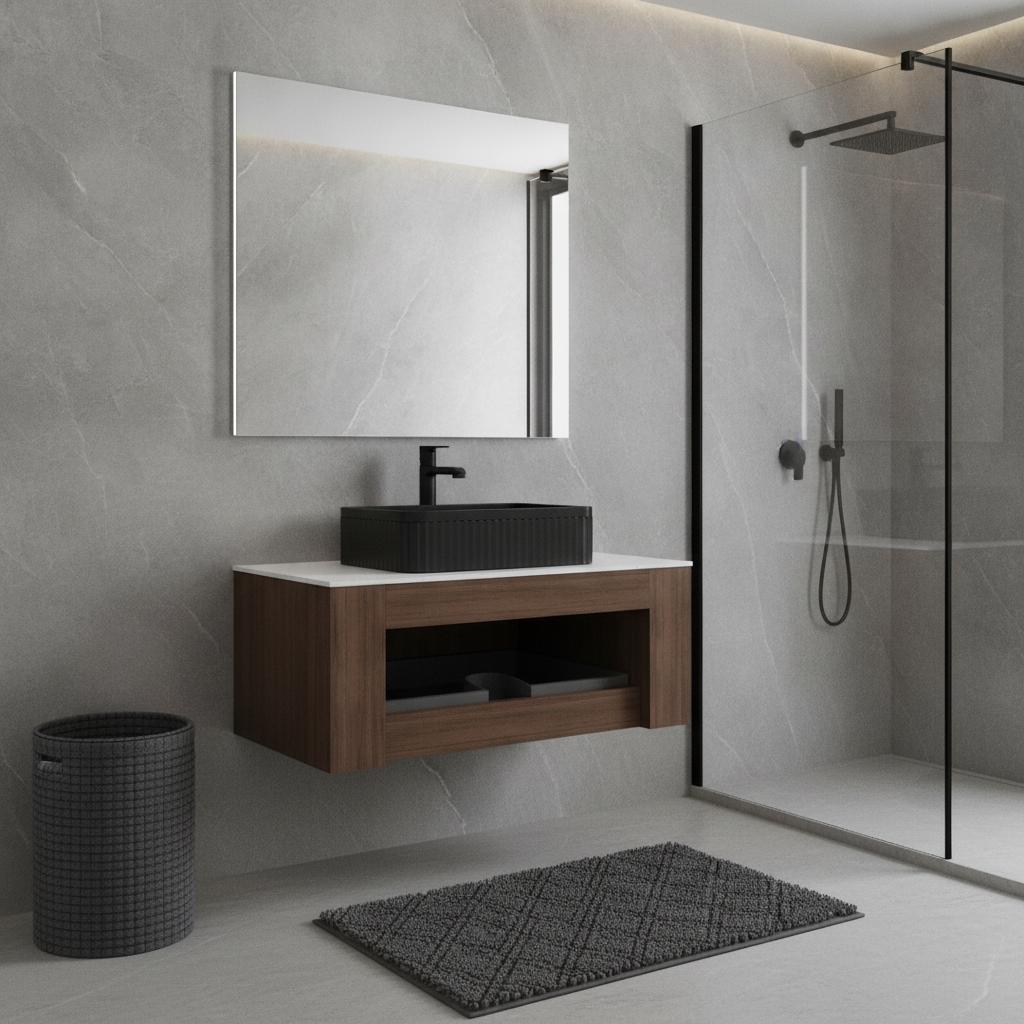 36" Brown Wood Floating Bathroom Vanity With Black Ceramic Sink