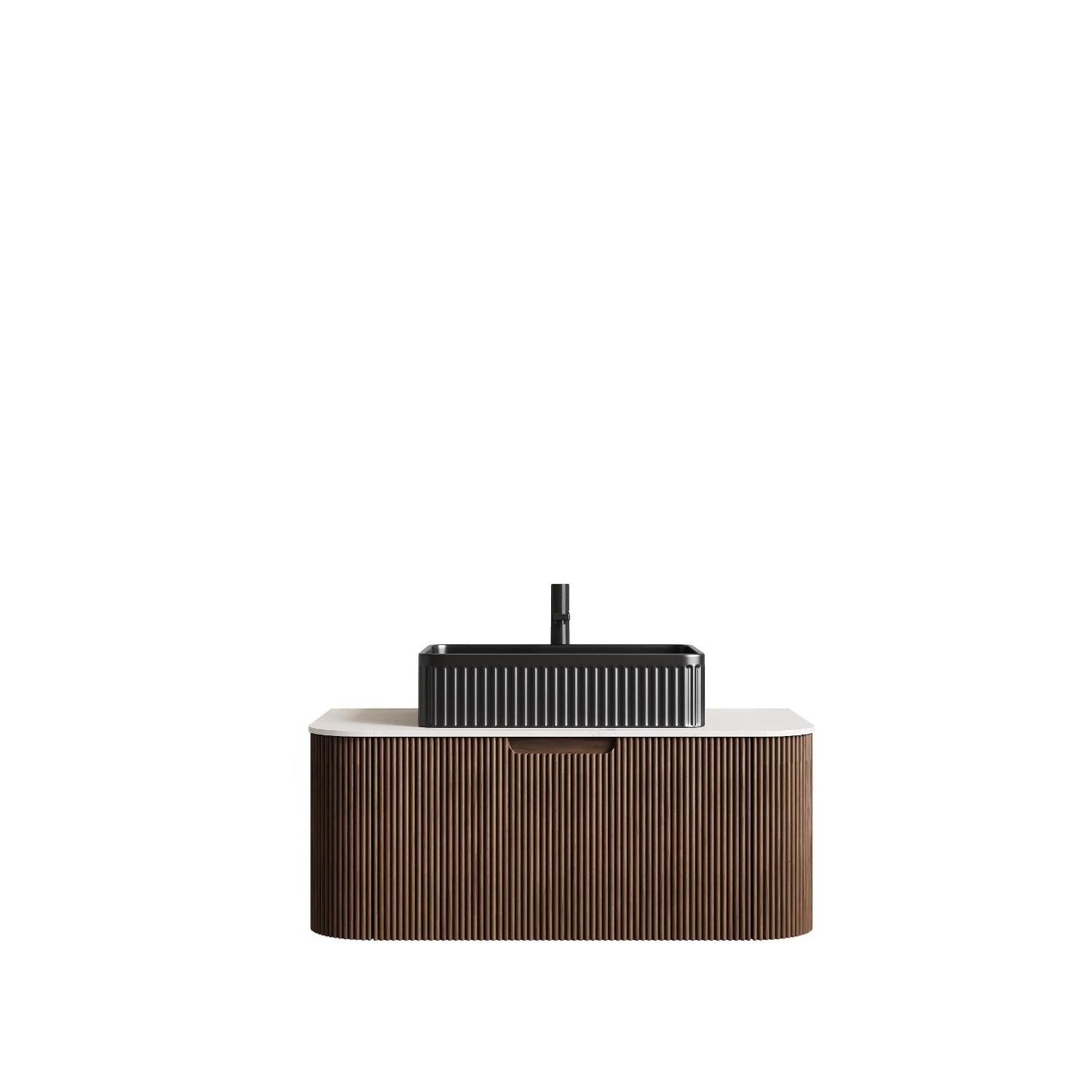 36" Brown Wood Floating Bathroom Vanity With Black Ceramic Sink