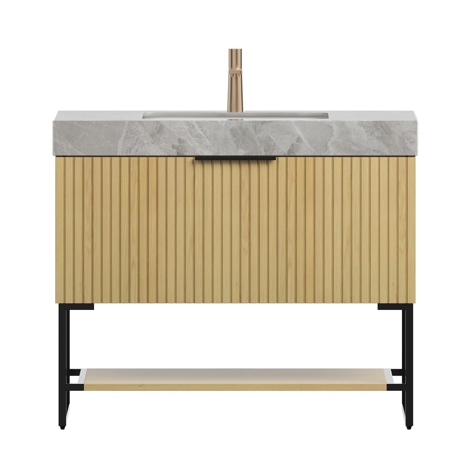 36" Brown Wood Bathroom Vanity With White Ceramic Sink