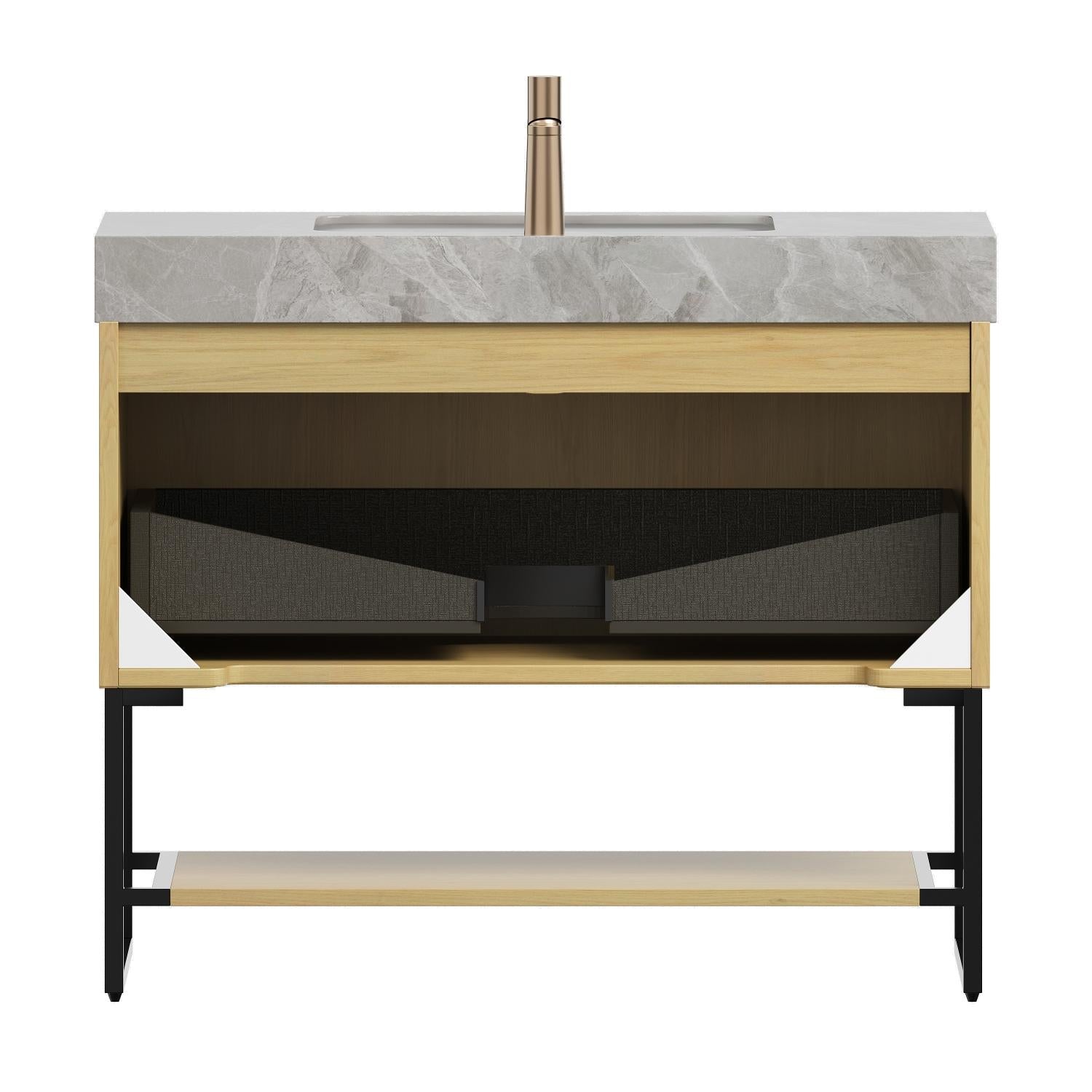 36" Brown Wood Bathroom Vanity With White Ceramic Sink