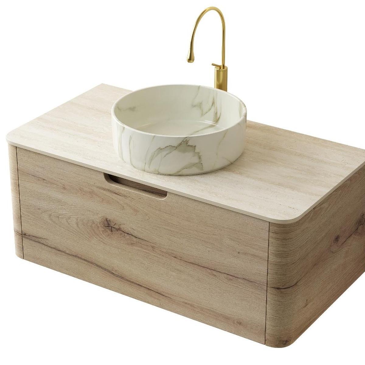 36" Brown Wood Floating Bathroom Vanity With White Ceramic Sink