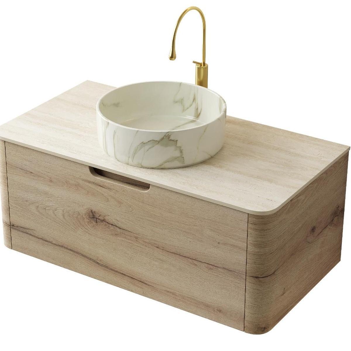 36" Brown Wood Floating Bathroom Vanity With White Ceramic Sink