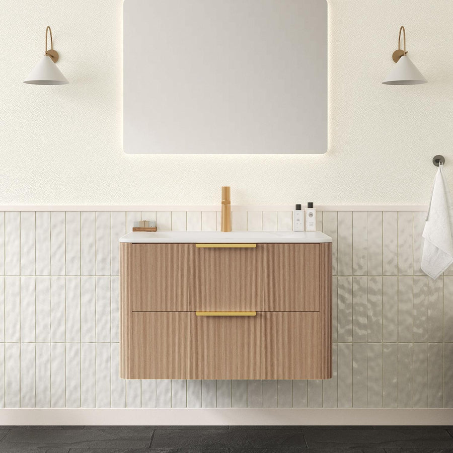 30" Brown Wood Floating Bathroom Vanity With White Ceramic Sink With Two Drawers