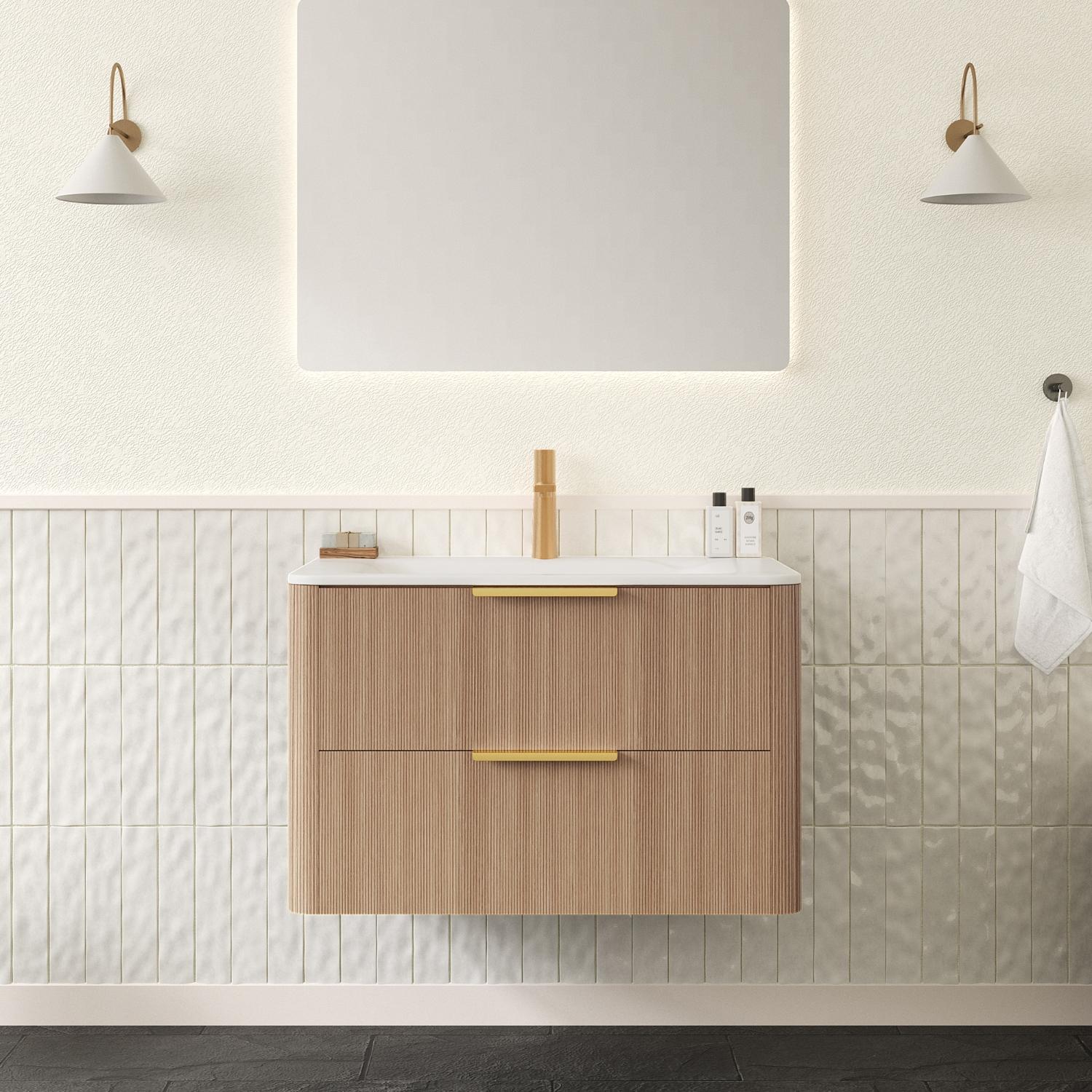 30" Brown Wood Floating Bathroom Vanity With White Ceramic Sink With Two Drawers