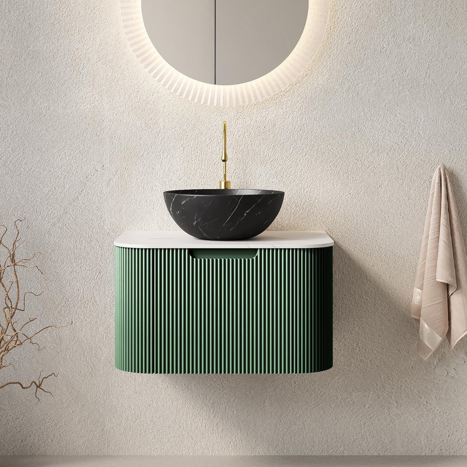 24" Green Wood Floating Bathroom Vanity With Black Ceramic Sink