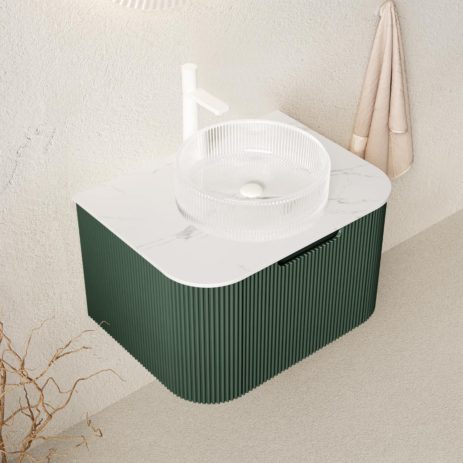 24" Green Wood Floating Bathroom Vanity With White Glass Sink