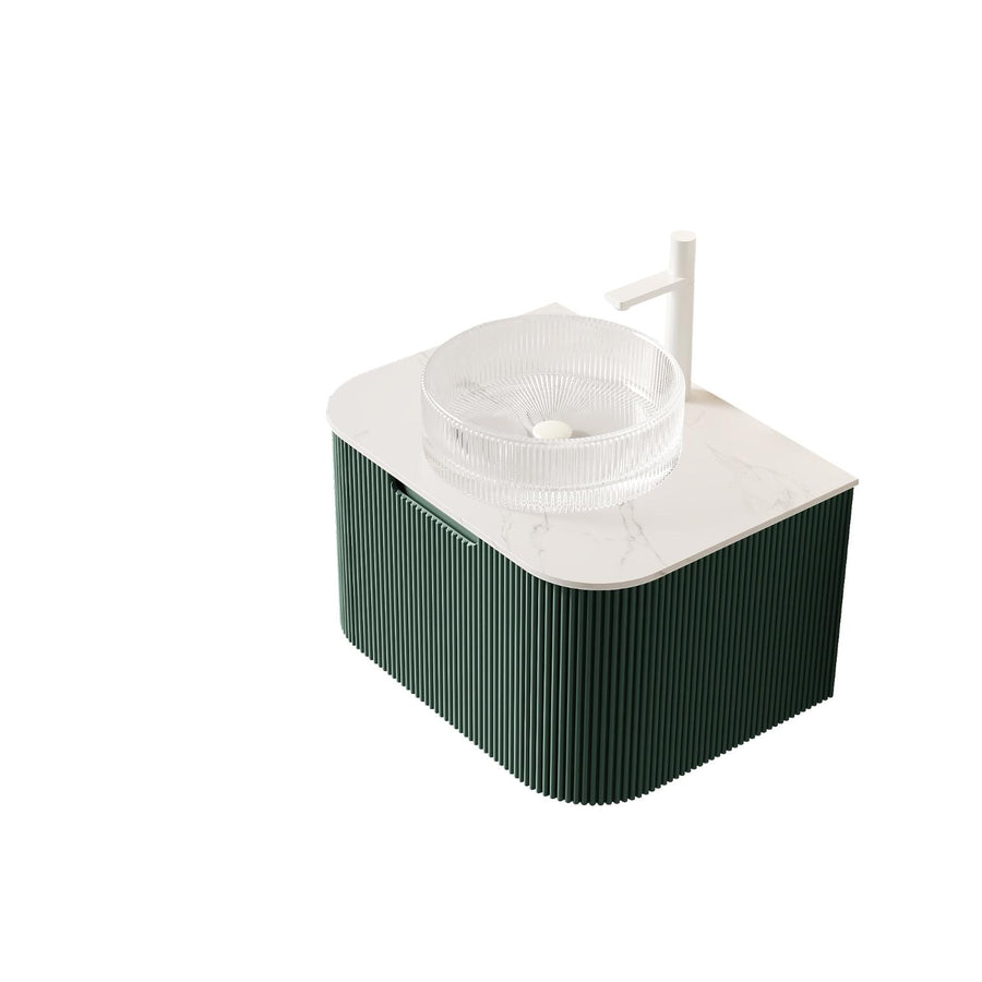 24" Green Wood Floating Bathroom Vanity With White Glass Sink