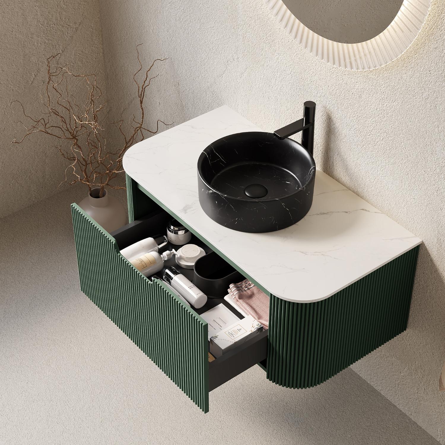 36" Green Wood Floating Bathroom Vanity With Black Ceramic Sink
