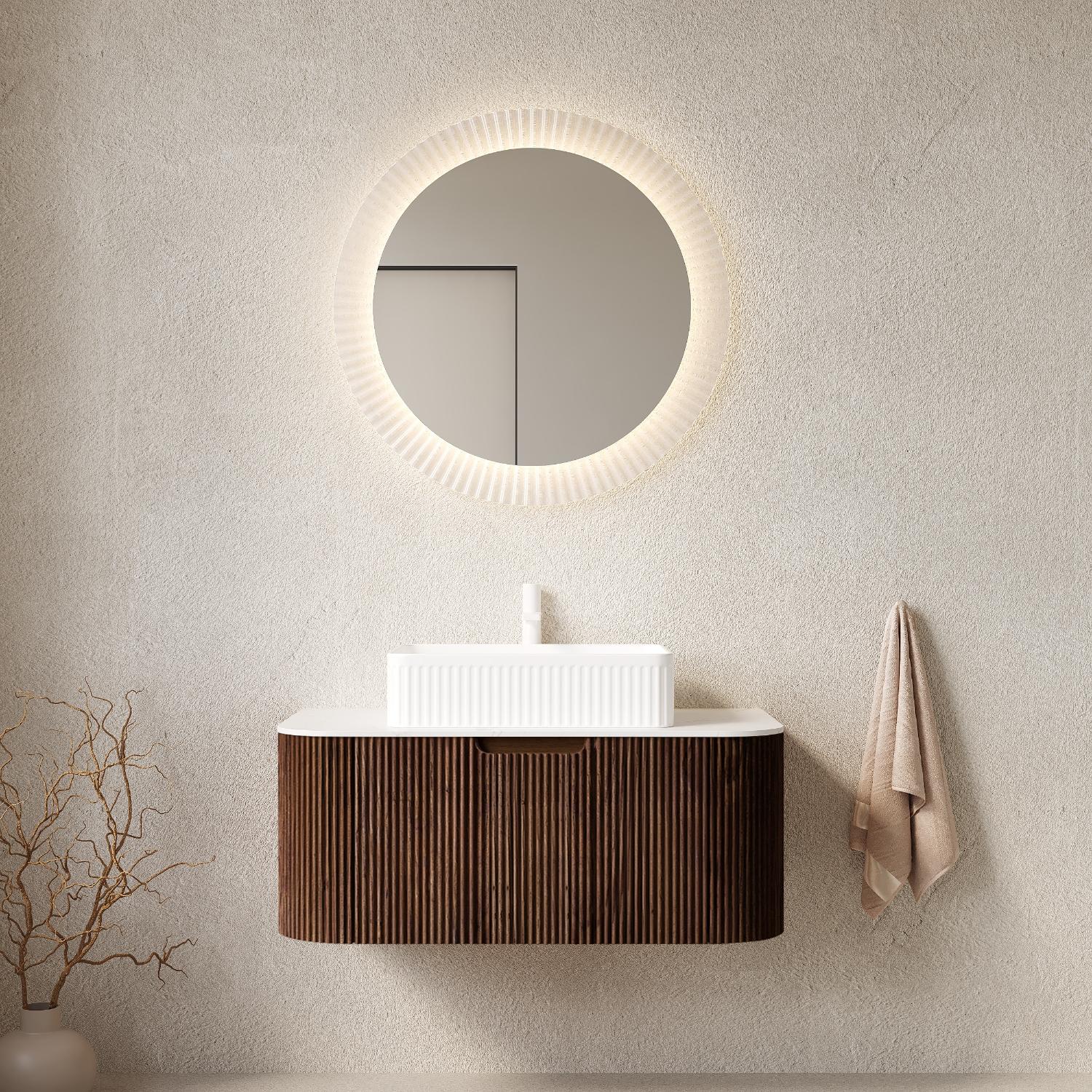 36" Brown Wood Floating Bathroom Vanity With White Ceramic Sink