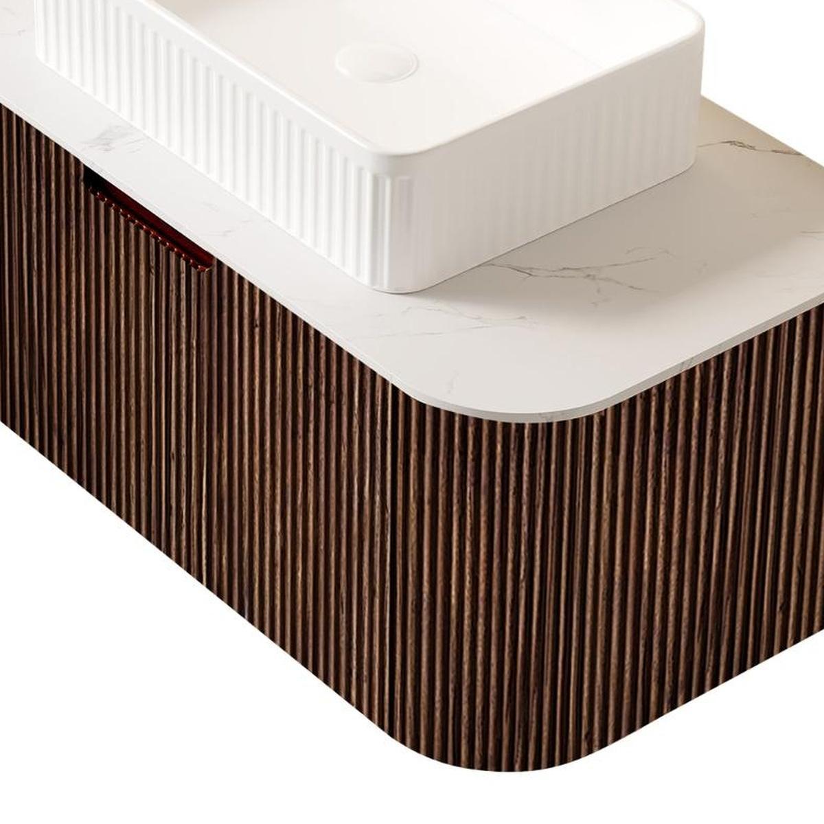 36" Brown Wood Floating Bathroom Vanity With White Ceramic Sink