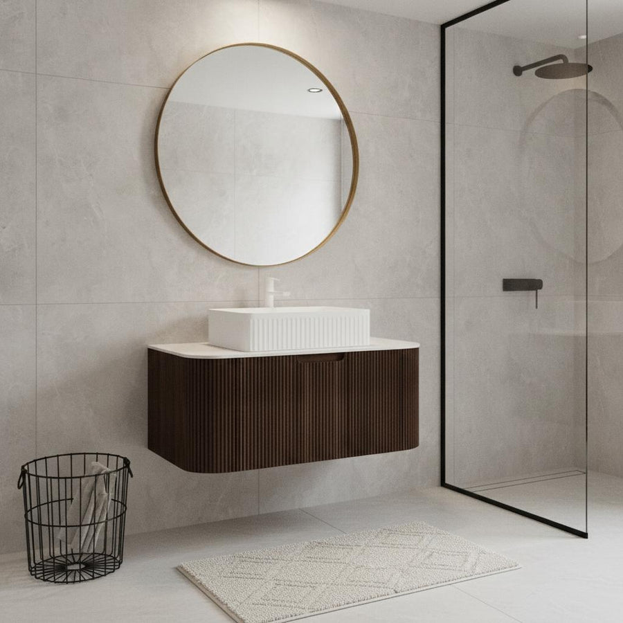 36" Brown Wood Floating Bathroom Vanity With White Ceramic Sink