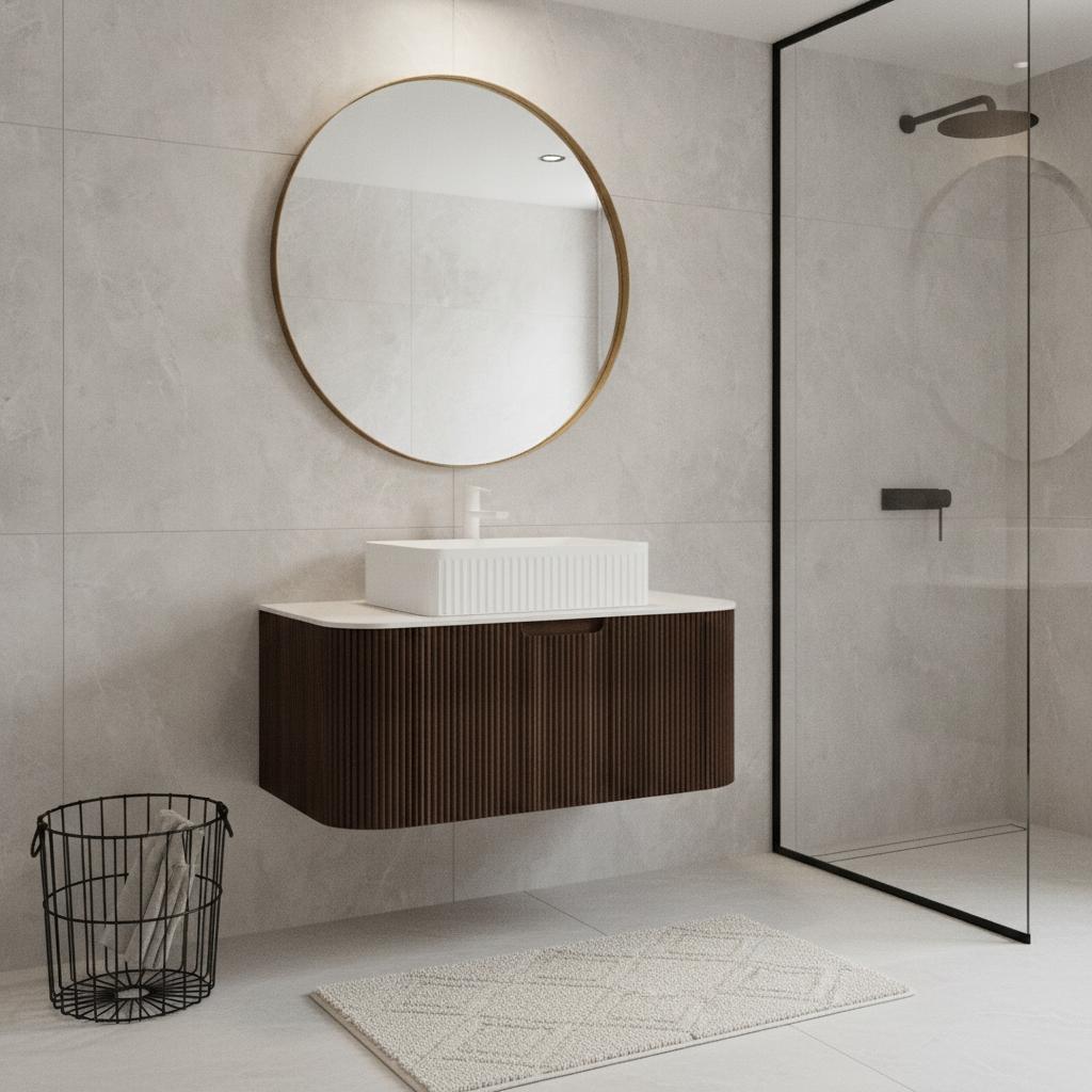 36" Brown Wood Floating Bathroom Vanity With White Ceramic Sink