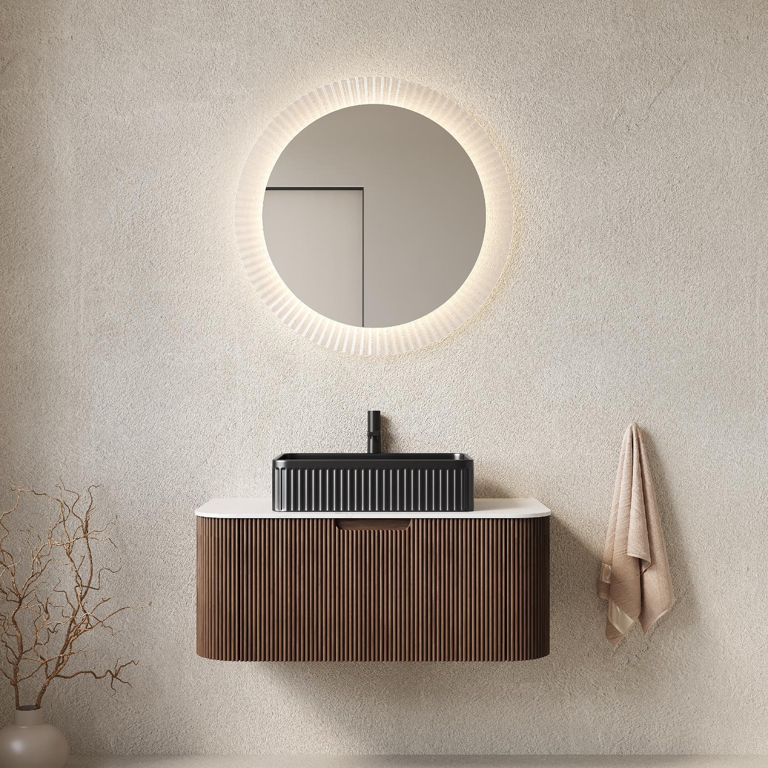36" Brown Wood Floating Bathroom Vanity With Black Ceramic Sink