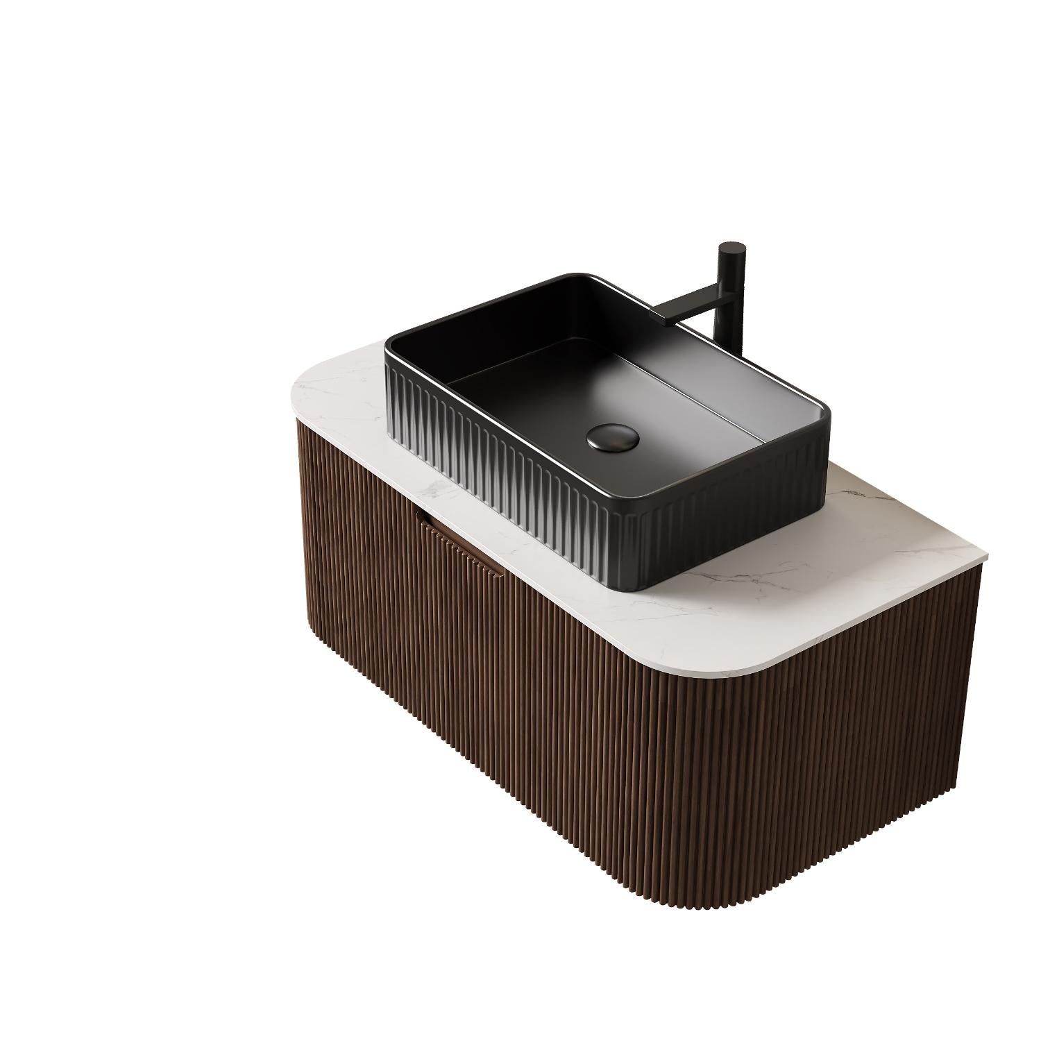 36" Brown Wood Floating Bathroom Vanity With Black Ceramic Sink