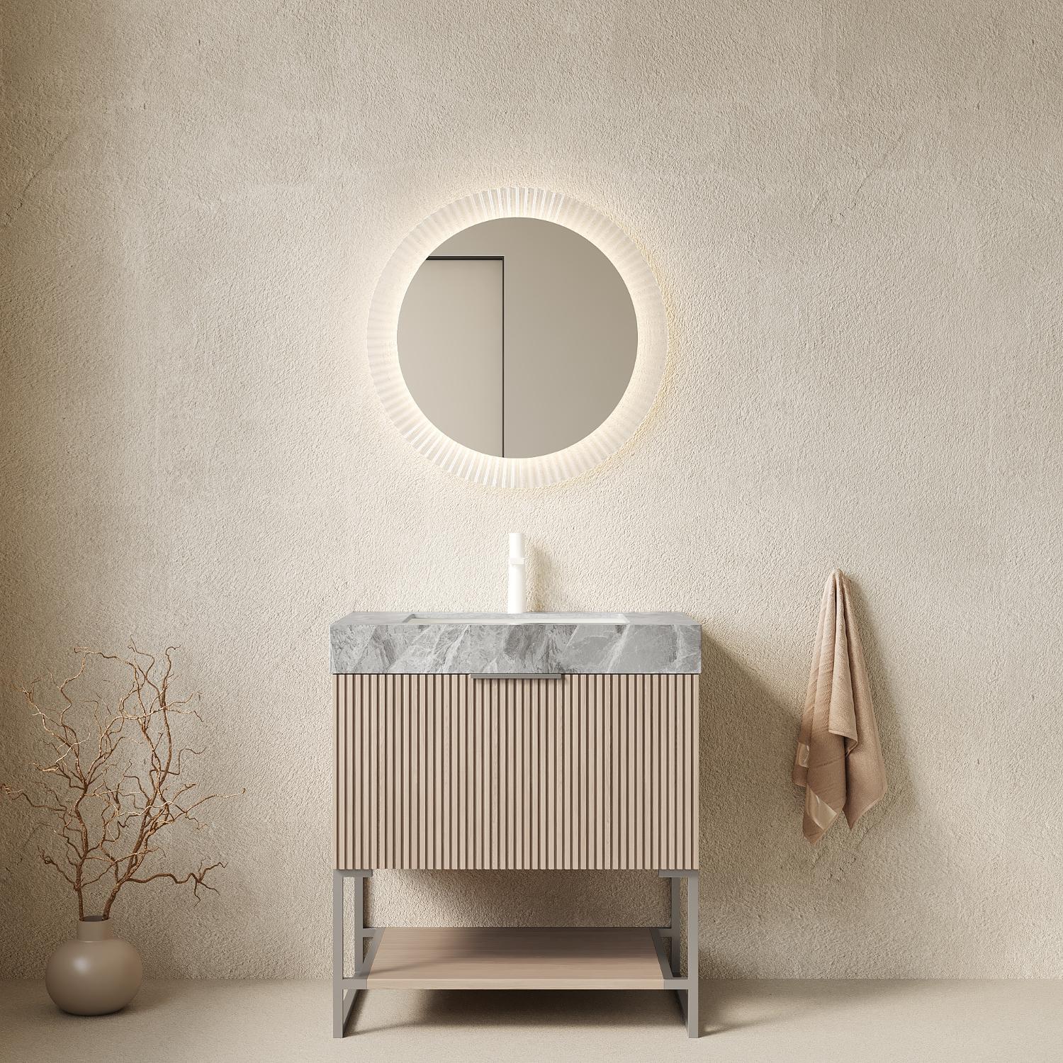 30" Brown Wood Bathroom Vanity With White Ceramic Sink