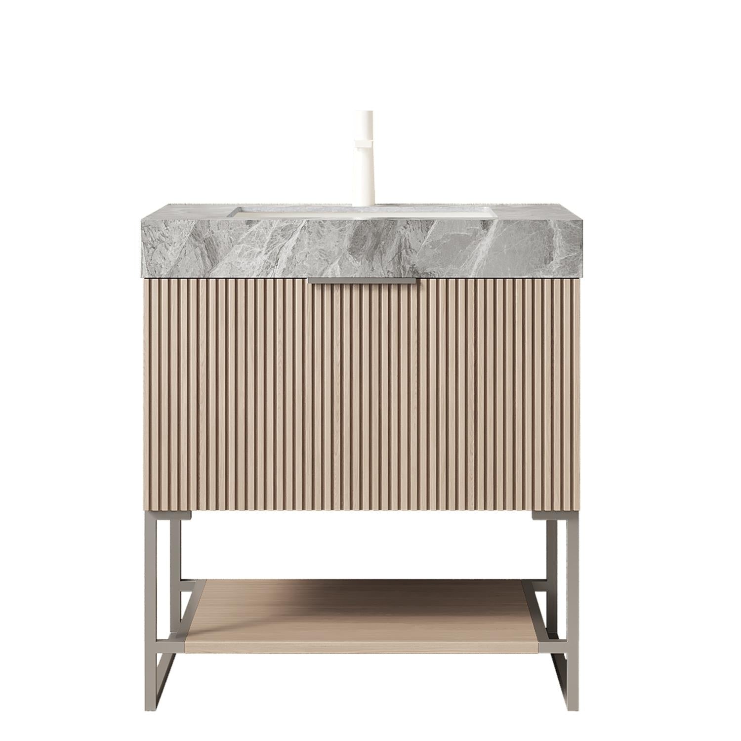 30" Brown Wood Bathroom Vanity With White Ceramic Sink