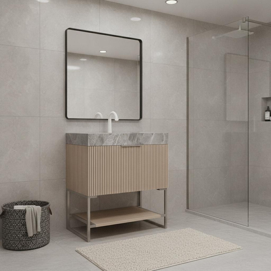 30" Brown Wood Bathroom Vanity With White Ceramic Sink