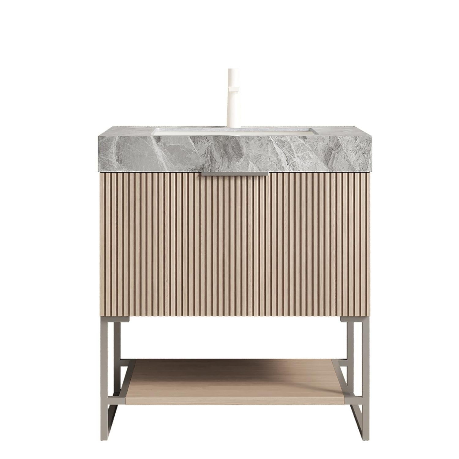 30" Brown Wood Bathroom Vanity With White Ceramic Sink