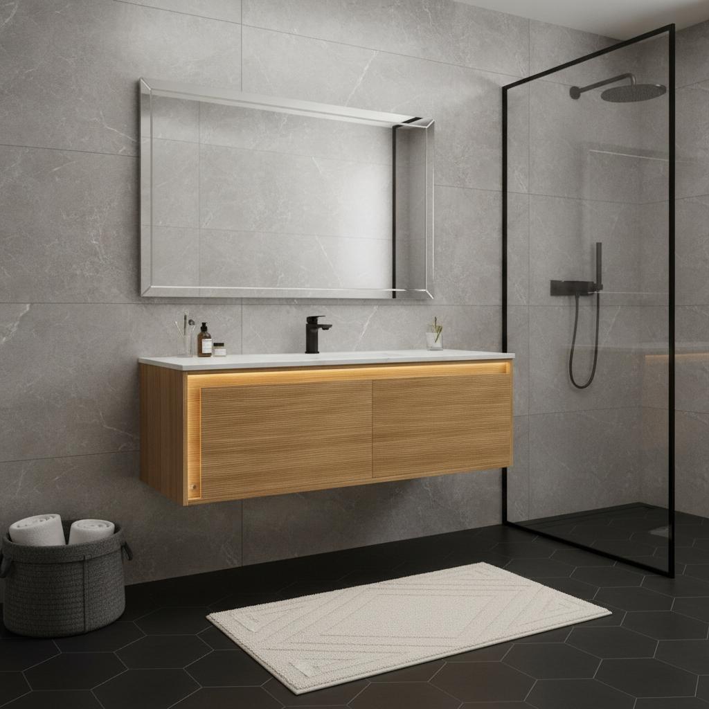 48" Brown Wood Floating Bathroom Vanity With Two Drawers