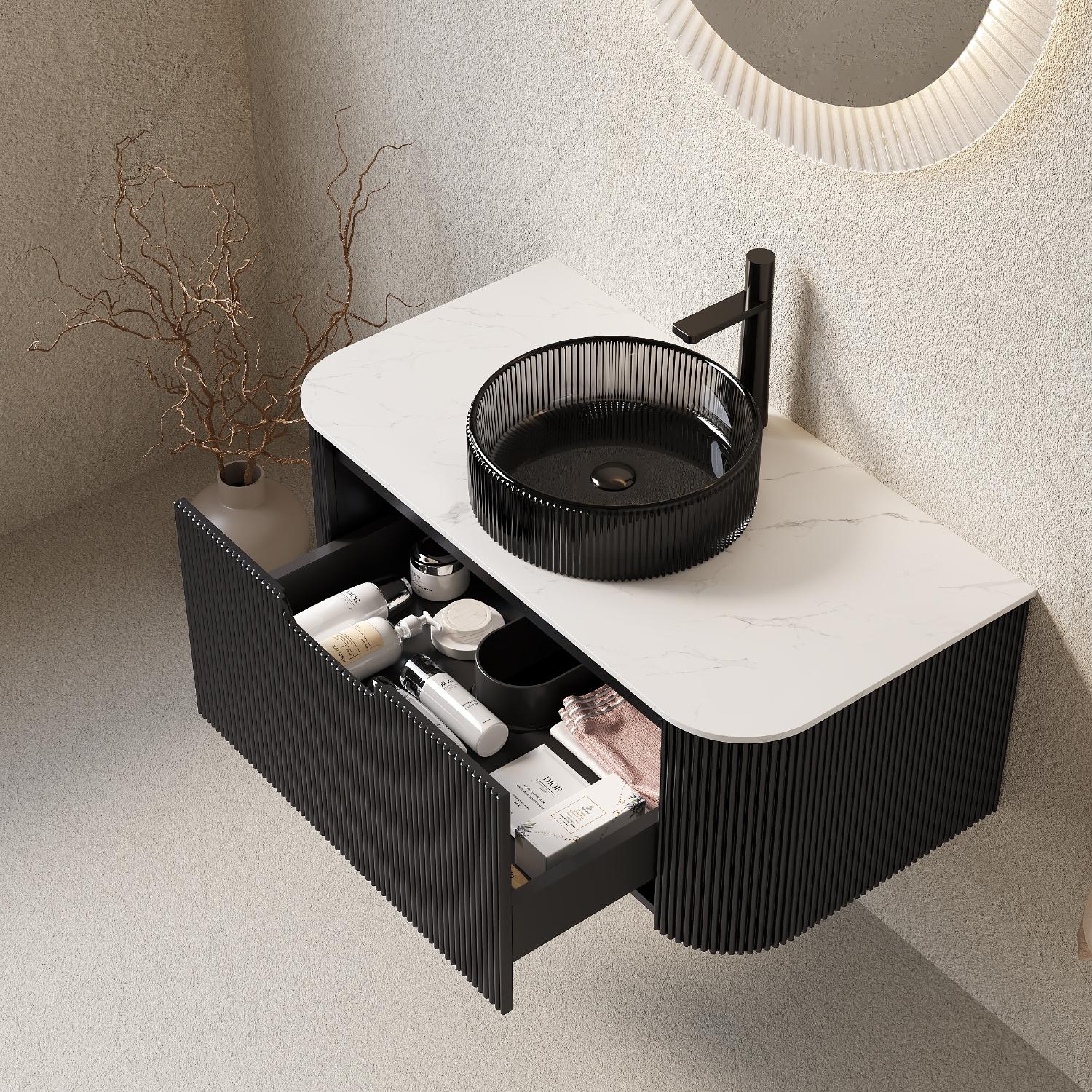 36" Black Wood Floating Bathroom Vanity With Glass Sink
