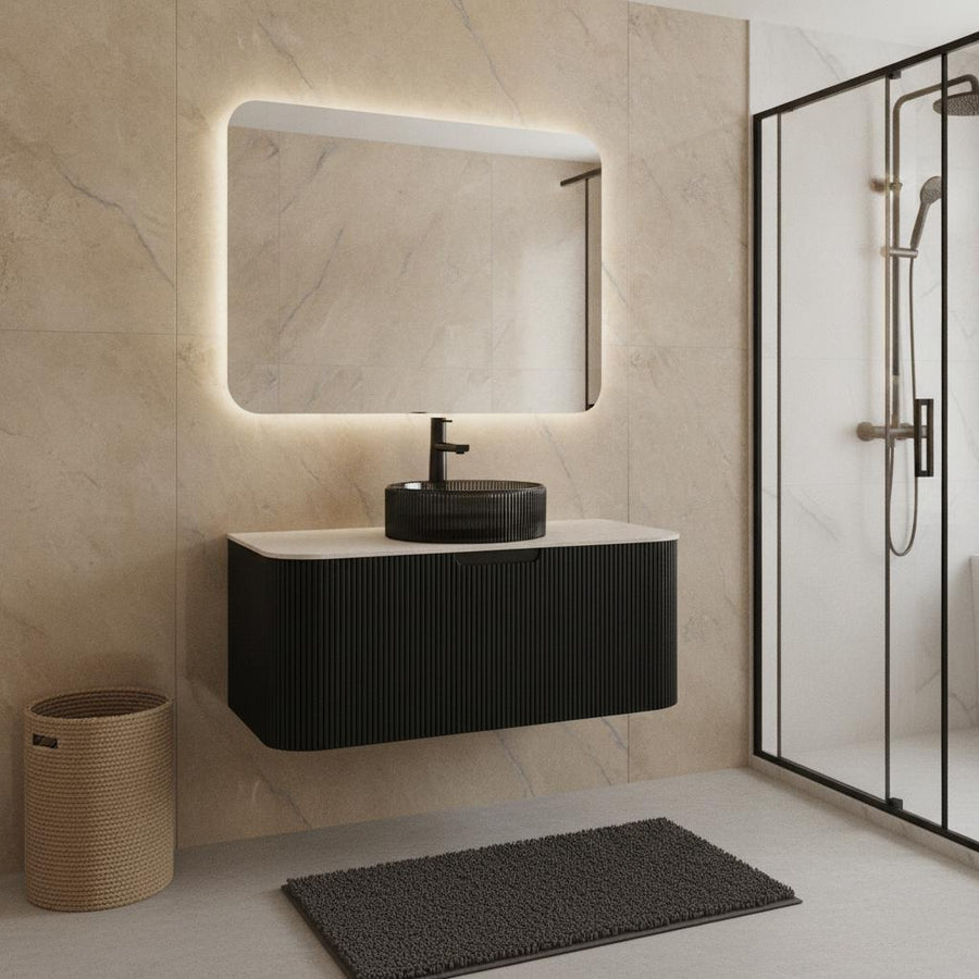 36" Black Wood Floating Bathroom Vanity With Glass Sink