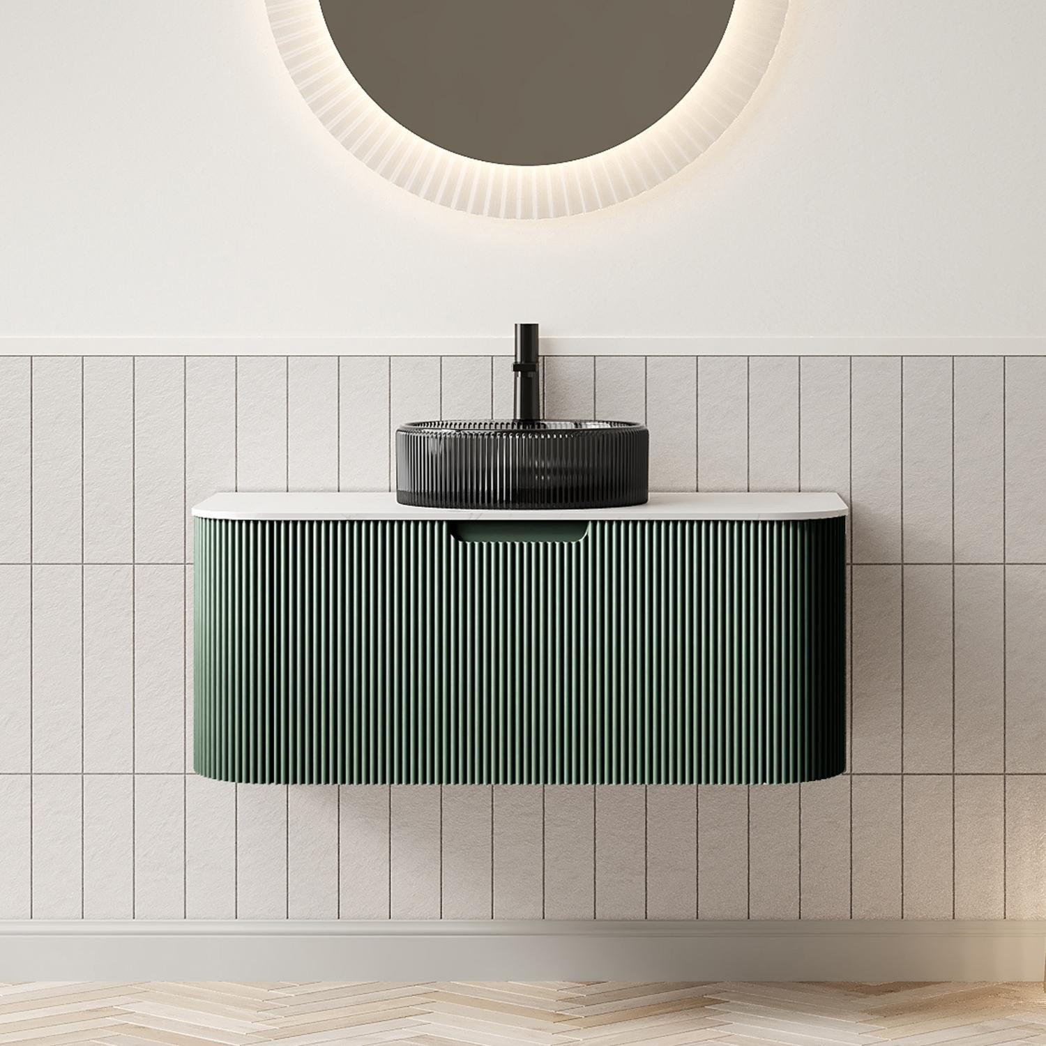 36" Green Wood Floating Bathroom Vanity With Black Glass Sink