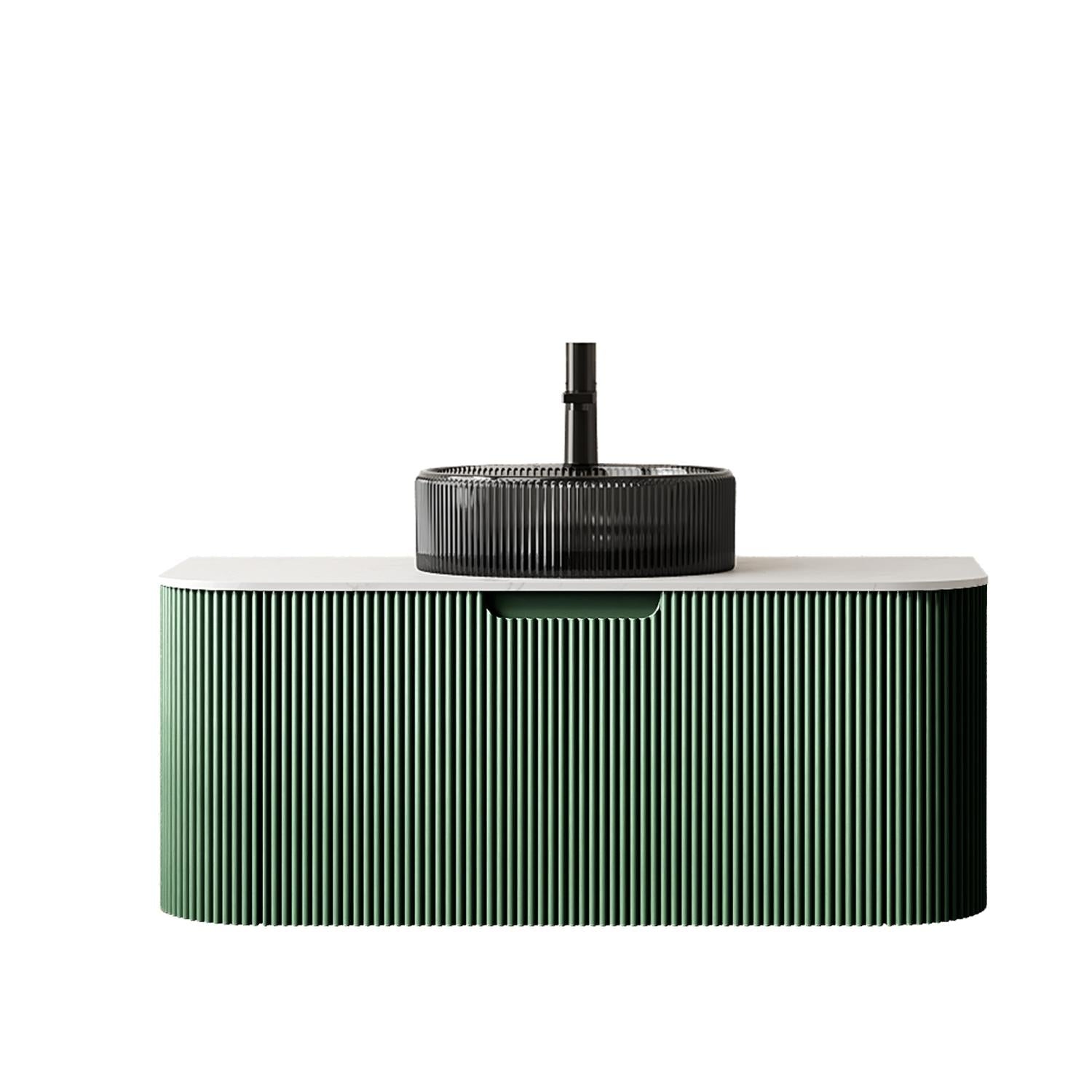 36" Green Wood Floating Bathroom Vanity With Black Glass Sink