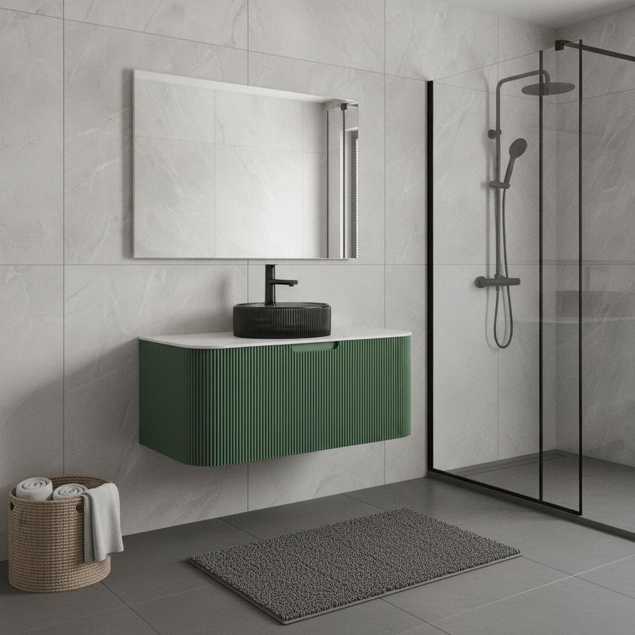 36" Green Wood Floating Bathroom Vanity With Black Glass Sink