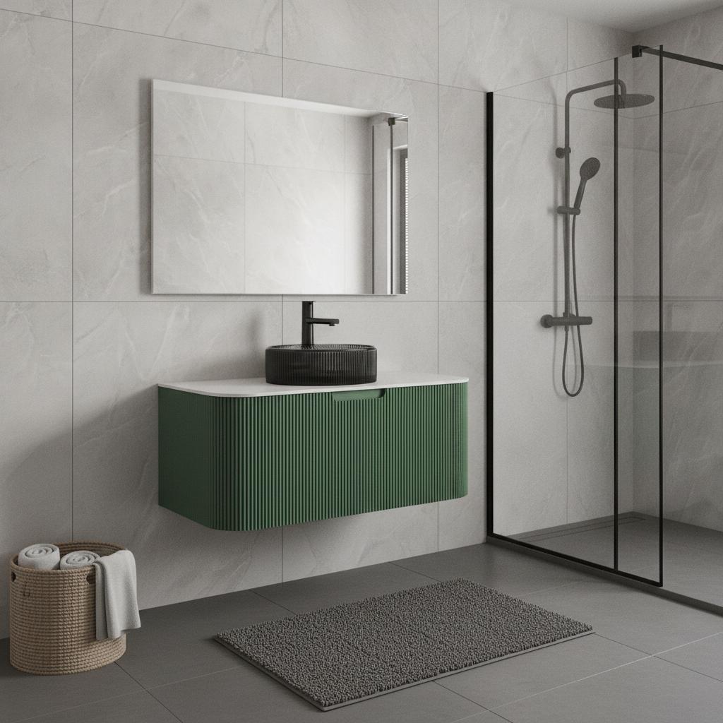 36" Green Wood Floating Bathroom Vanity With Black Glass Sink
