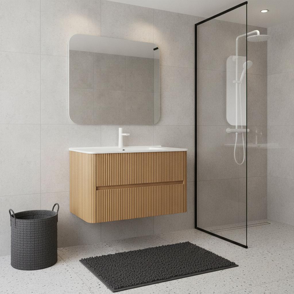 36" Brown Wood Floating Bathroom Vanity With White Ceramic Sink With Two Drawers