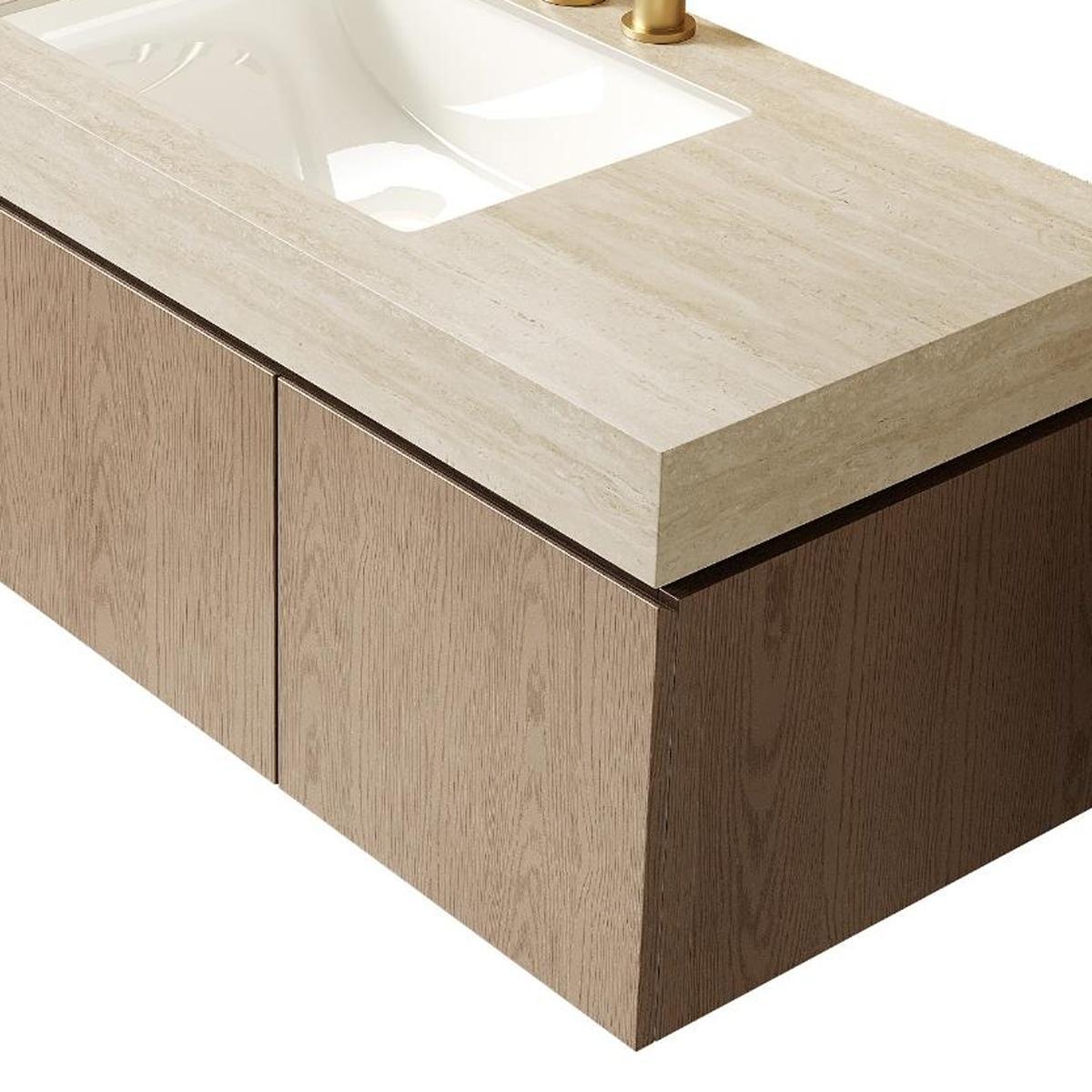 48" Brown Wood Floating Double Door Bathroom Vanity With White Ceramic Sink