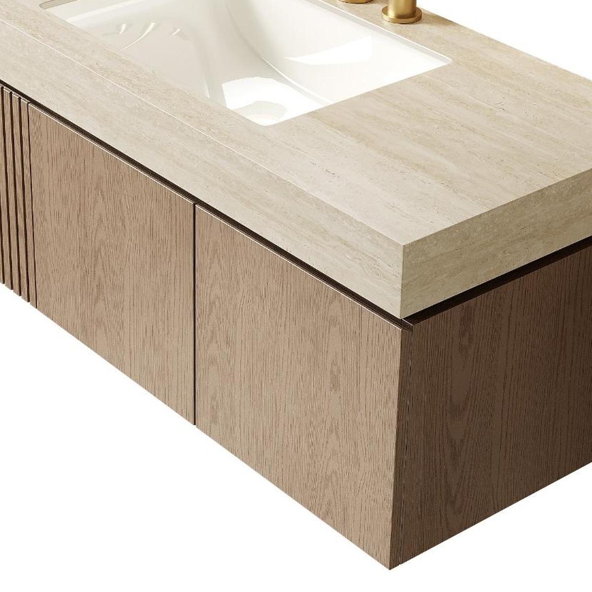 48" Brown Wood Floating Double Door Bathroom Vanity With White Ceramic Sink