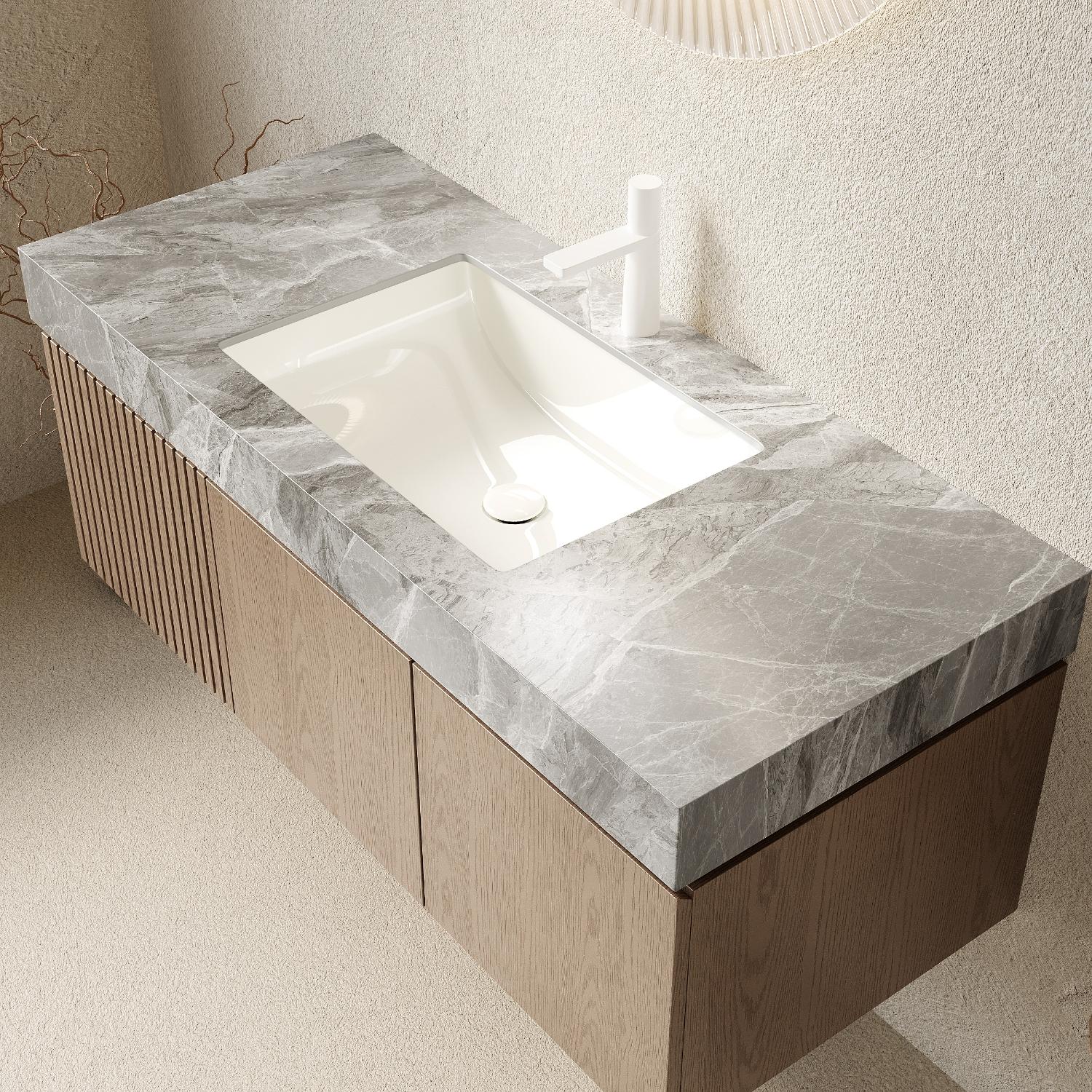 48" Brown Wood Floating Double Door Bathroom Vanity With White Ceramic Sink