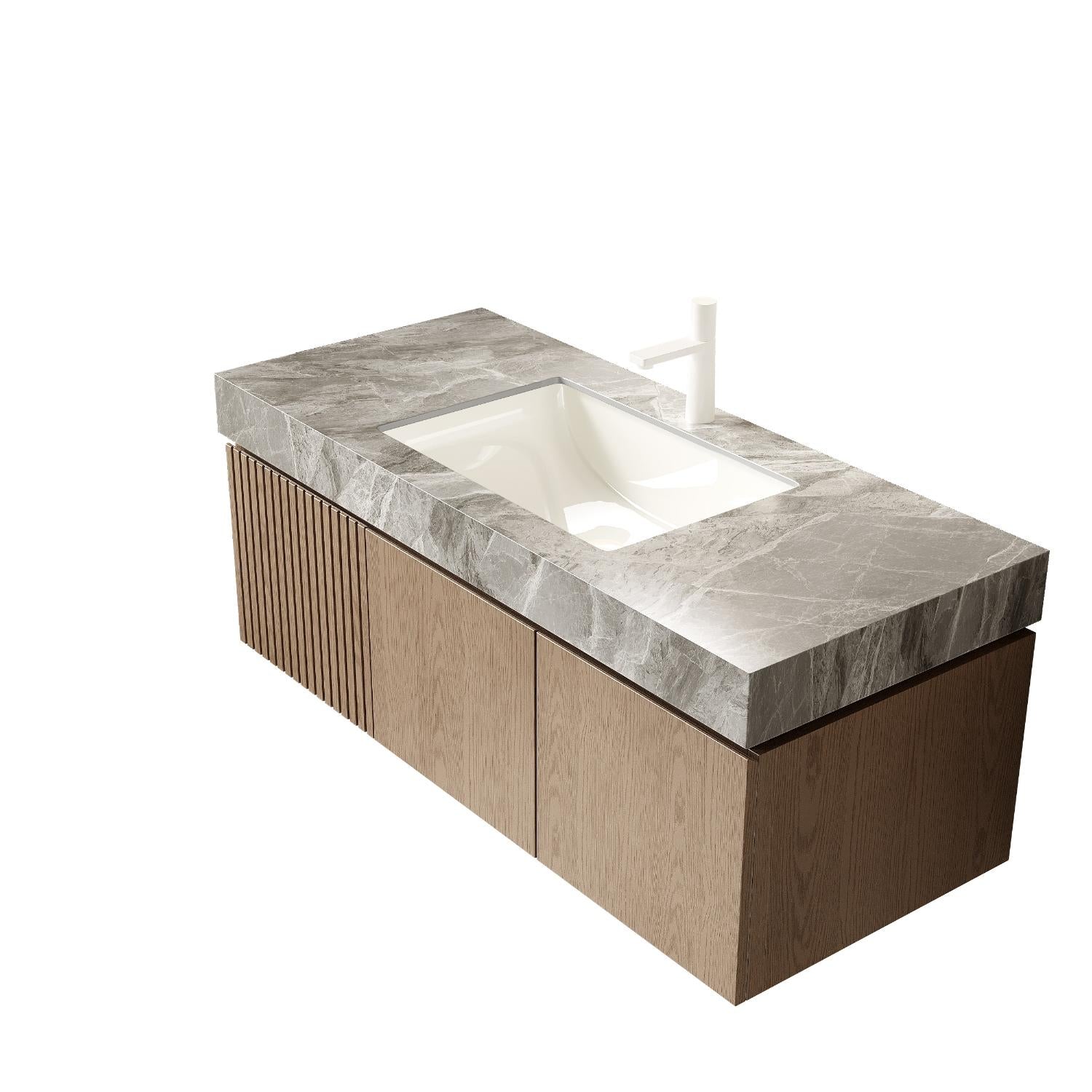 48" Brown Wood Floating Double Door Bathroom Vanity With White Ceramic Sink