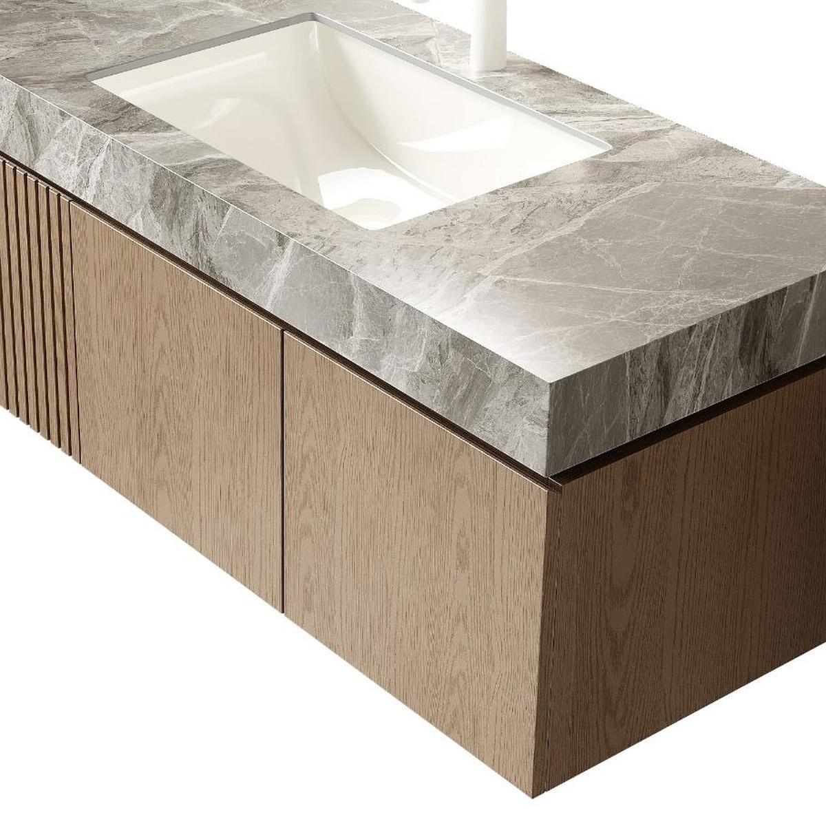 48" Brown Wood Floating Double Door Bathroom Vanity With White Ceramic Sink