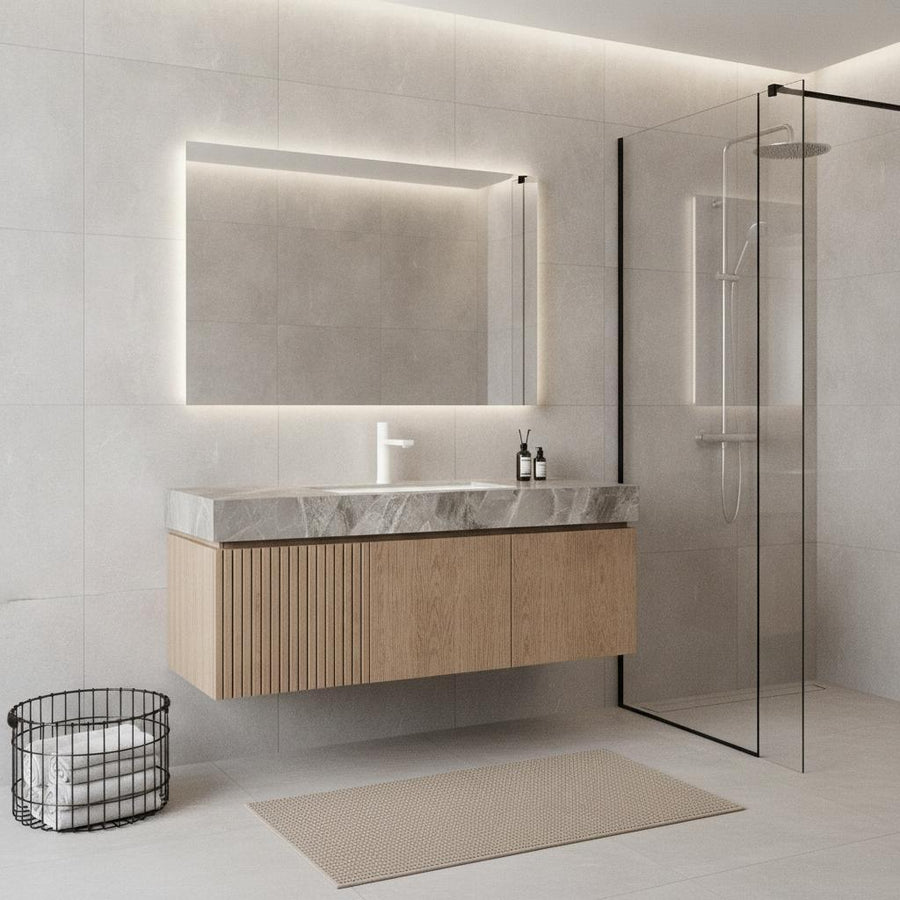 48" Brown Wood Floating Double Door Bathroom Vanity With White Ceramic Sink