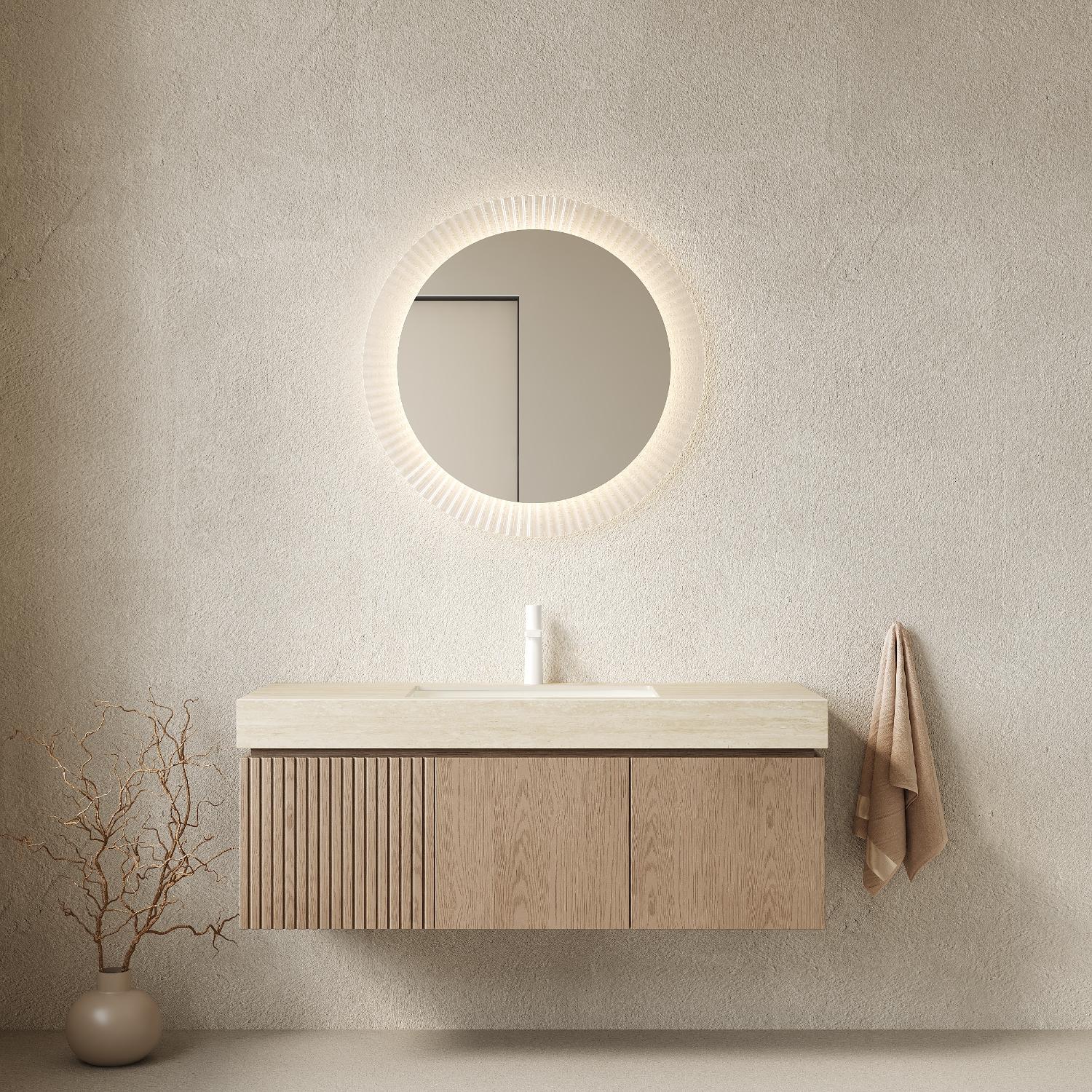 48" Brown Wood Floating Double Door Bathroom Vanity With White Ceramic Sink
