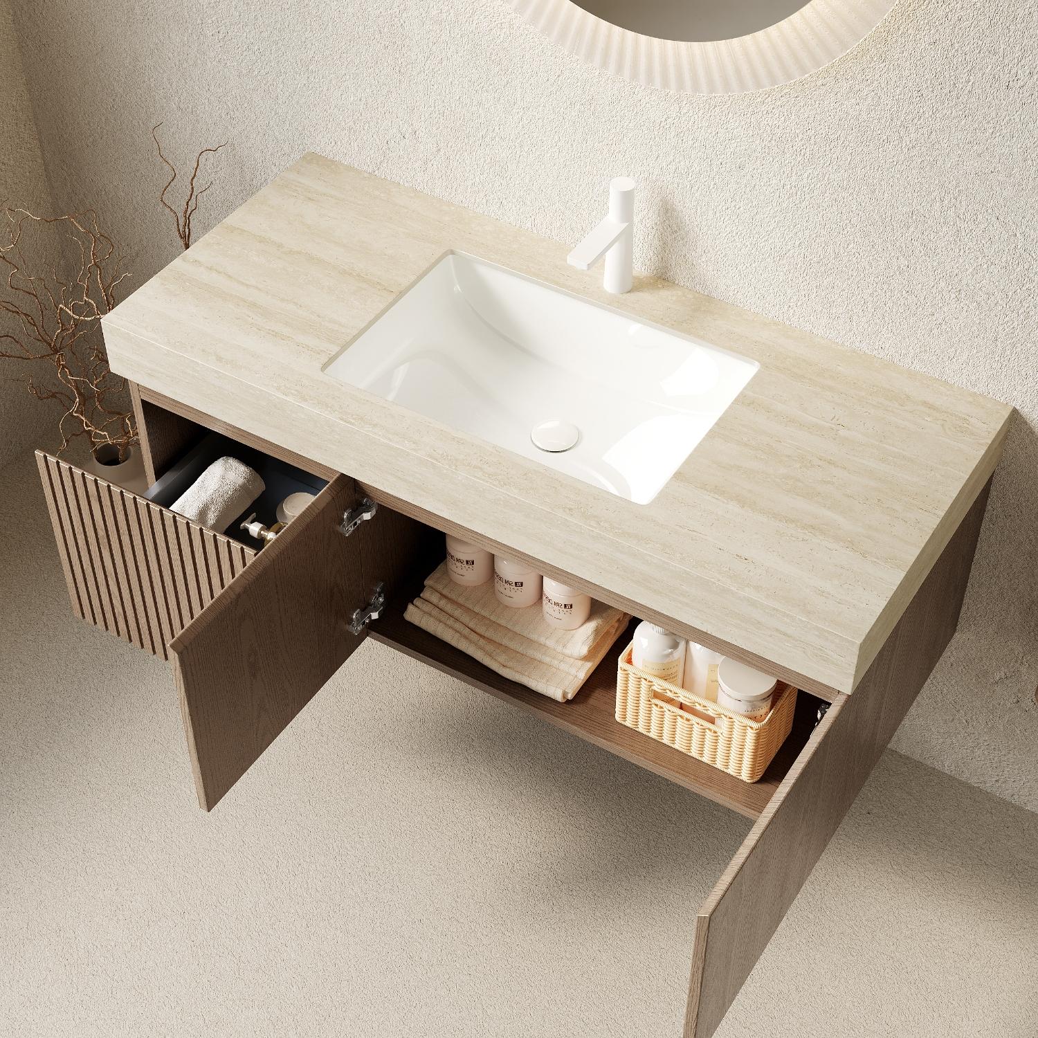 48" Brown Wood Floating Double Door Bathroom Vanity With White Ceramic Sink