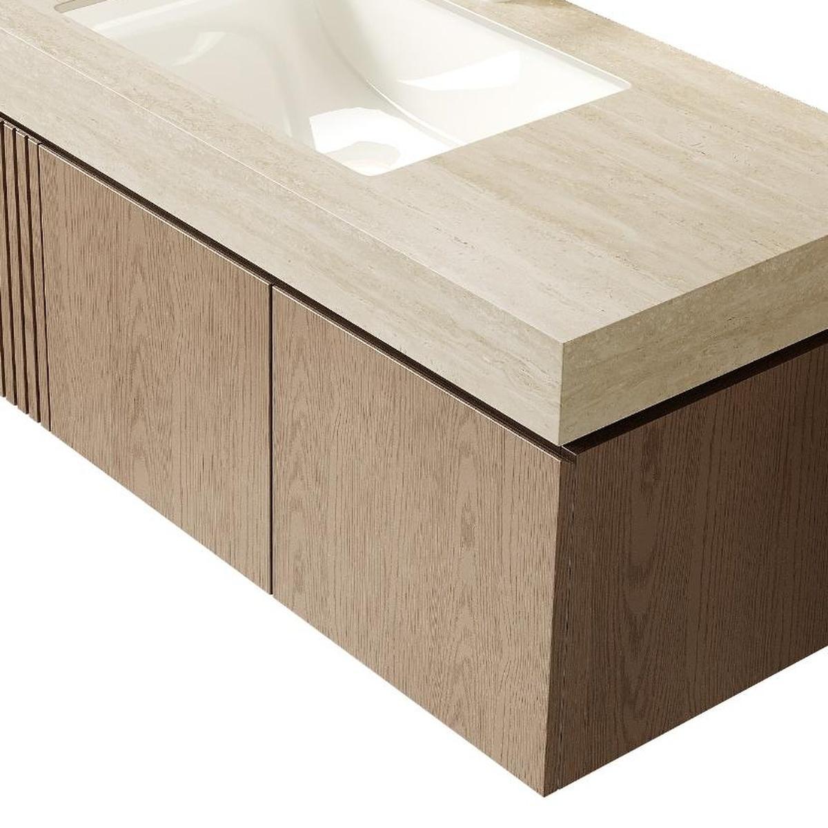 48" Brown Wood Floating Double Door Bathroom Vanity With White Ceramic Sink