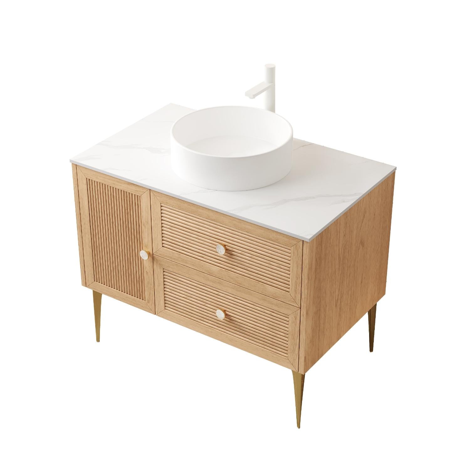 36" Brown Wood Floating Single Door Bathroom Vanity With Two Drawers