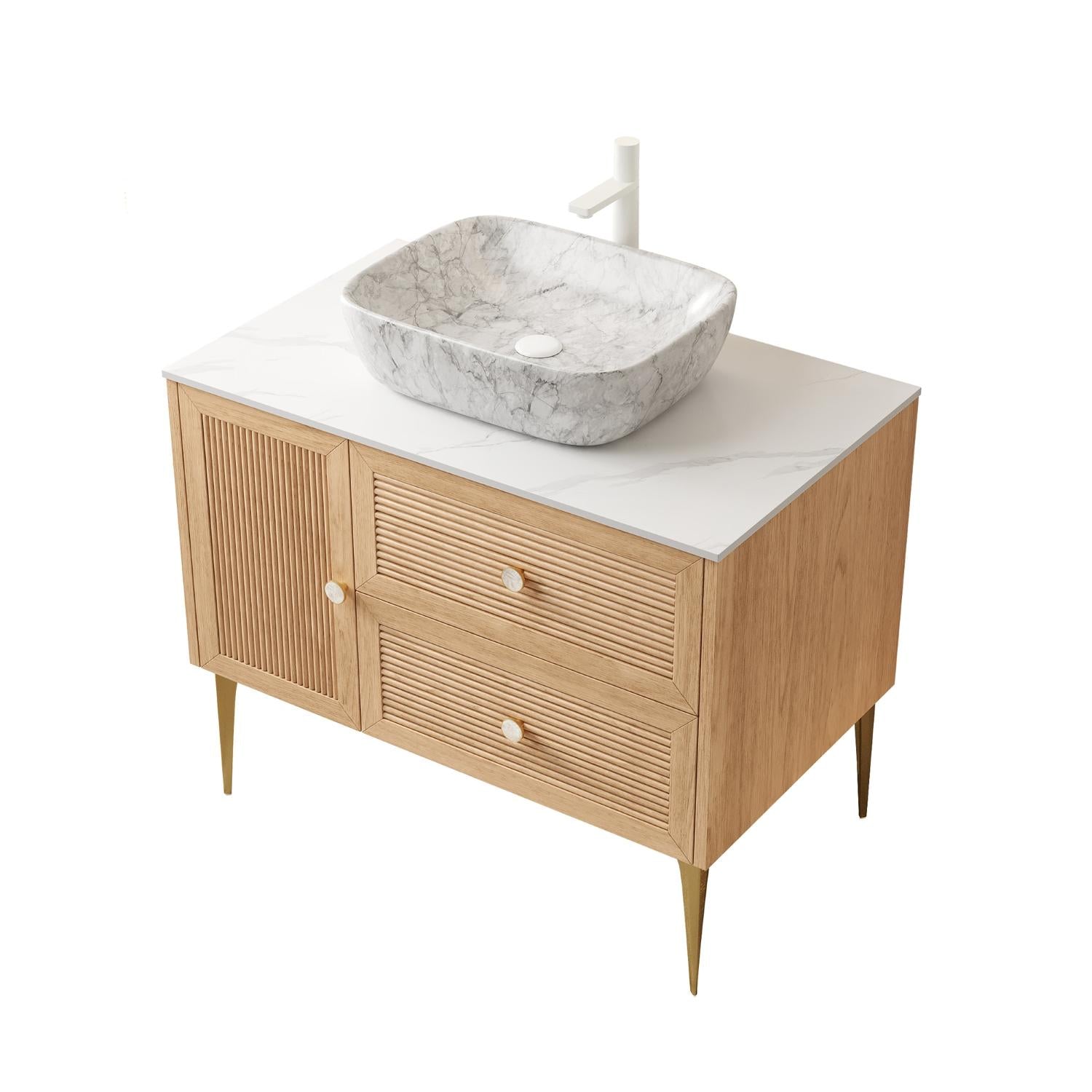 36" Brown Wood Floating Single Door Bathroom Vanity With Two Drawers