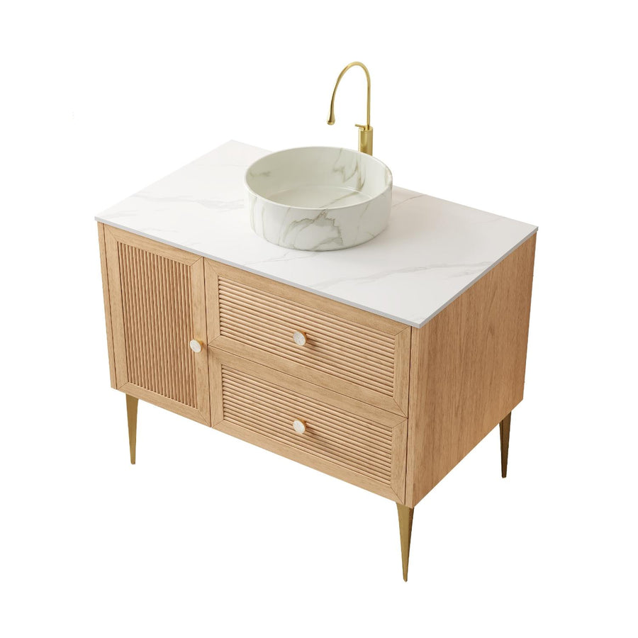36" Brown Wood Floating Single Door Bathroom Vanity With Two Drawers