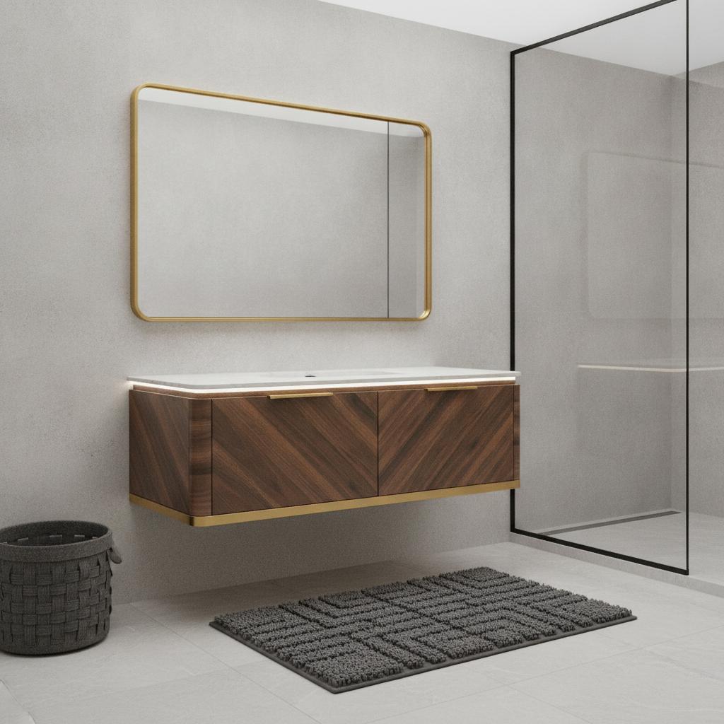 48" Brown Wood Floating Bathroom Vanity With Two Drawers