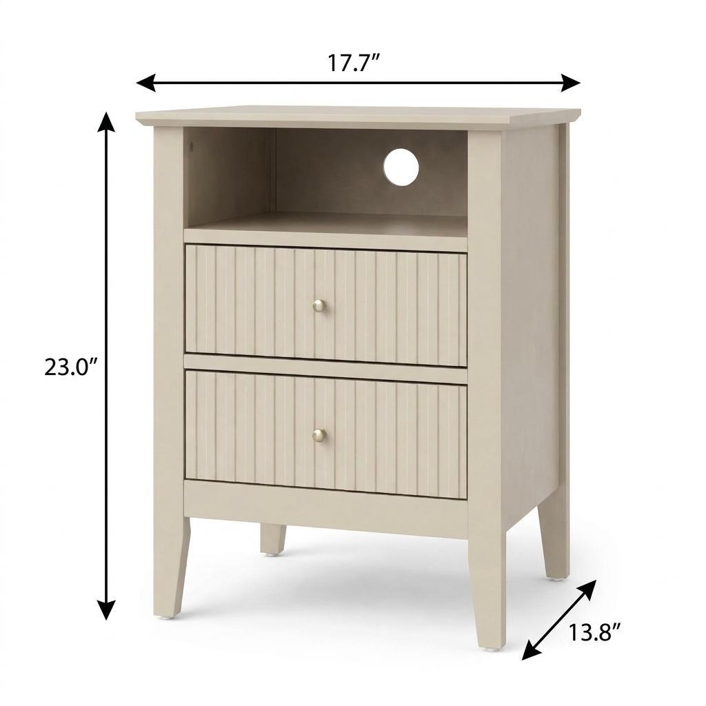 23" Beige Wood Ribbed Texture Two Drawer Nightstand