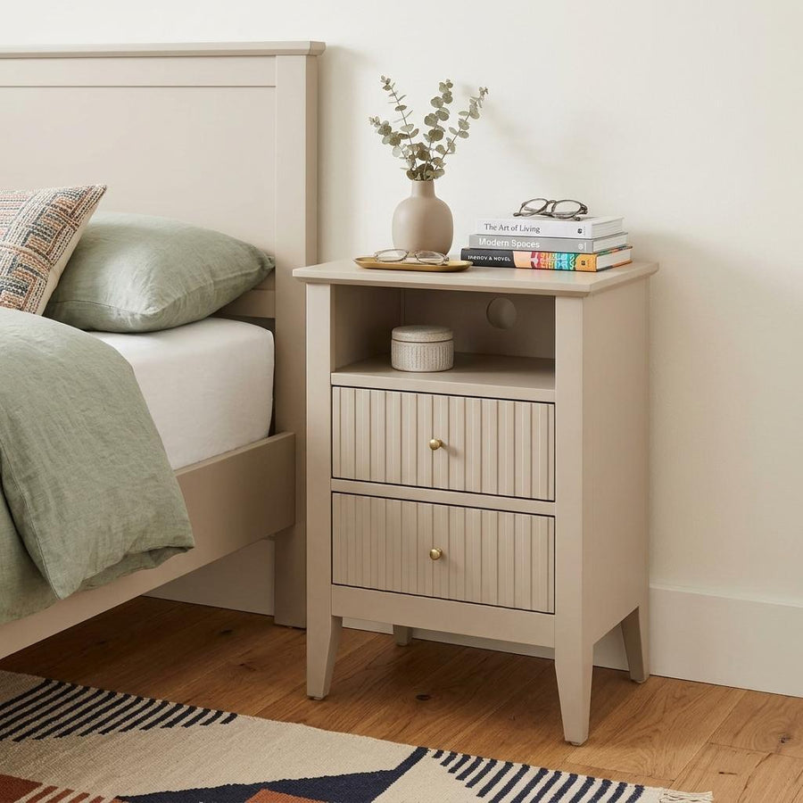 23" Beige Wood Ribbed Texture Two Drawer Nightstand