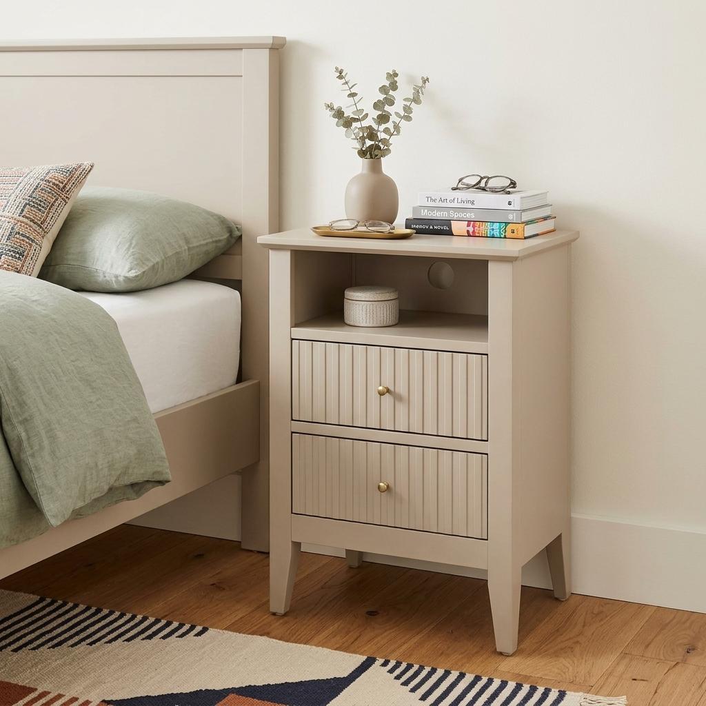 23" Beige Wood Ribbed Texture Two Drawer Nightstand