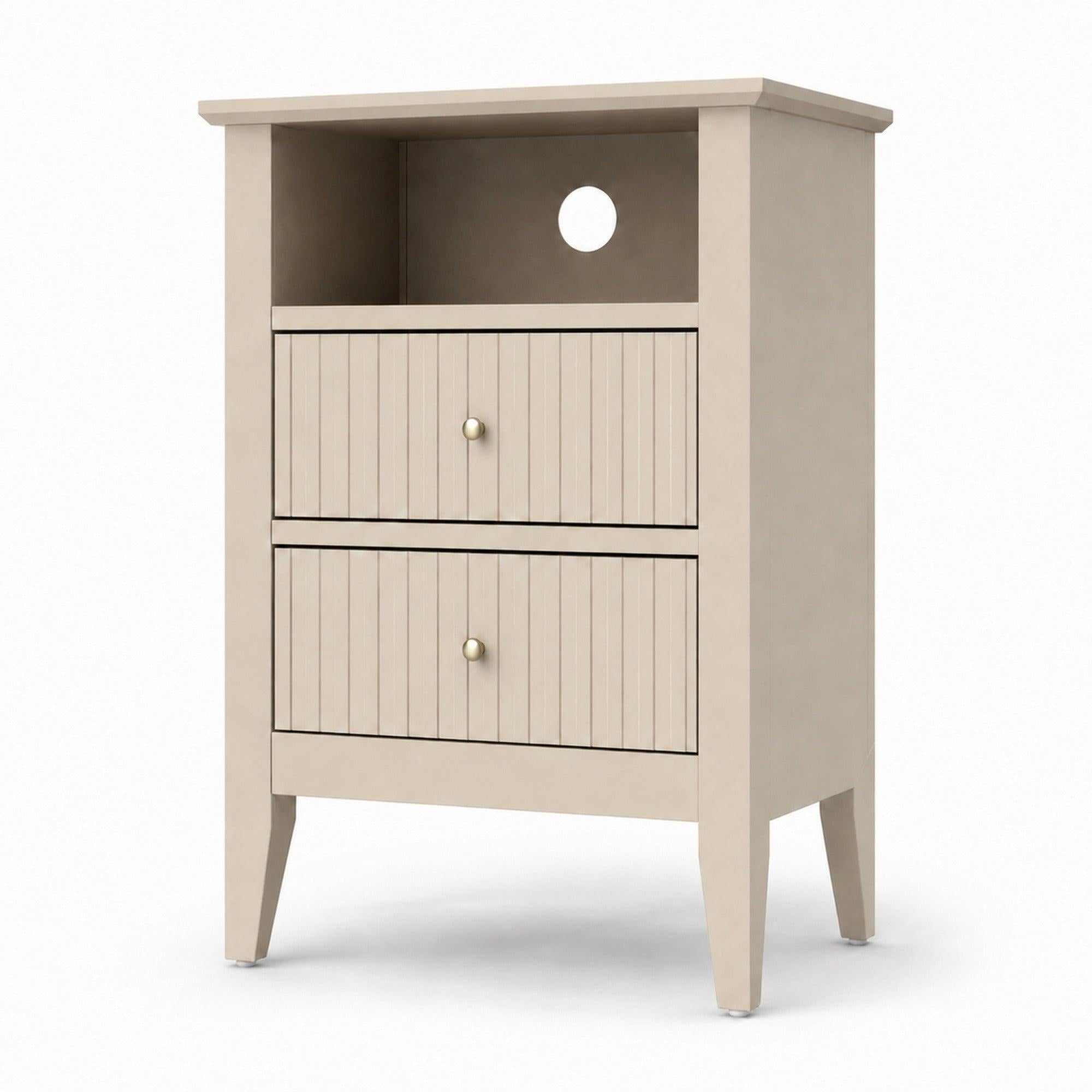 23" Beige Wood Ribbed Texture Two Drawer Nightstand