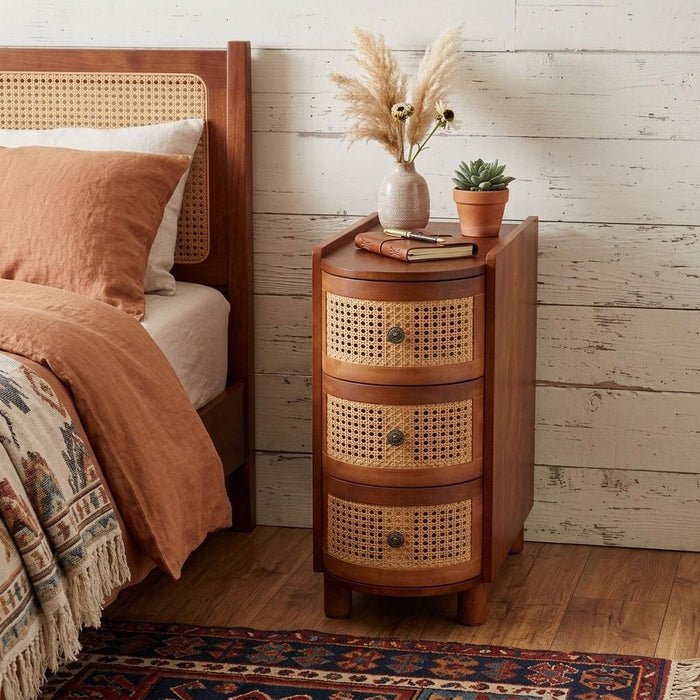 27" Brown Wood Cane Rattan Three Drawer Nightstand