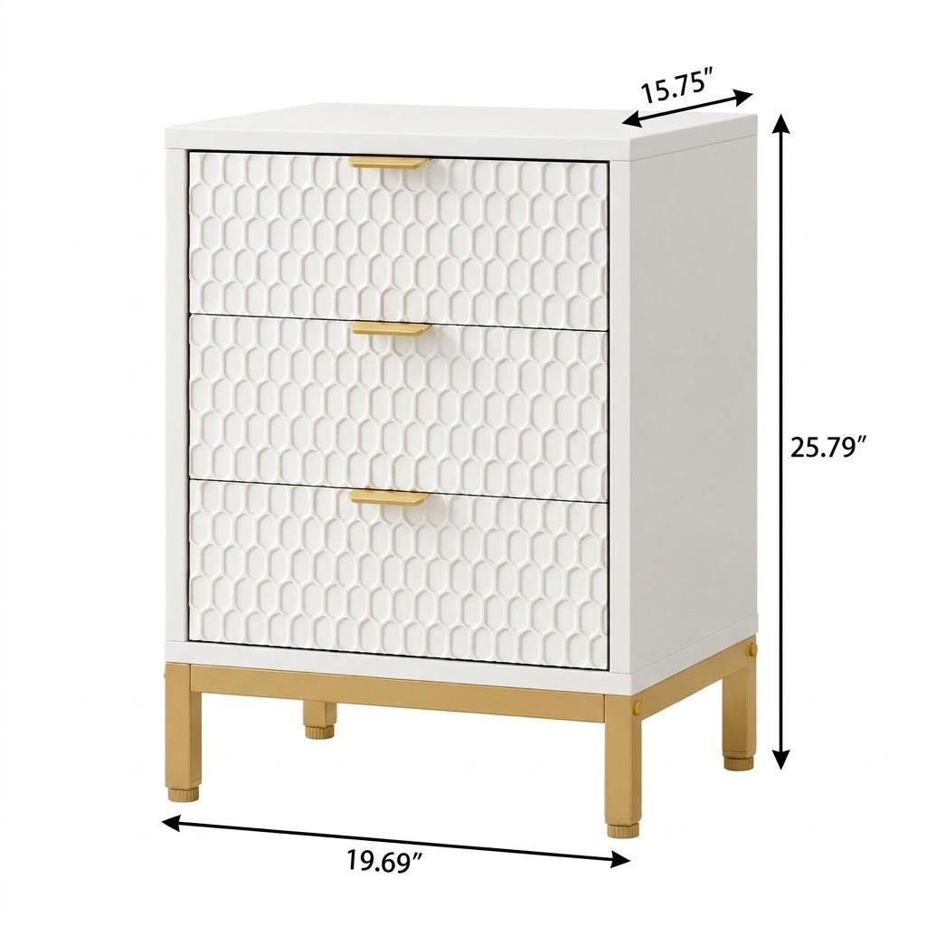 26" White Wood Three Drawer Nightstand