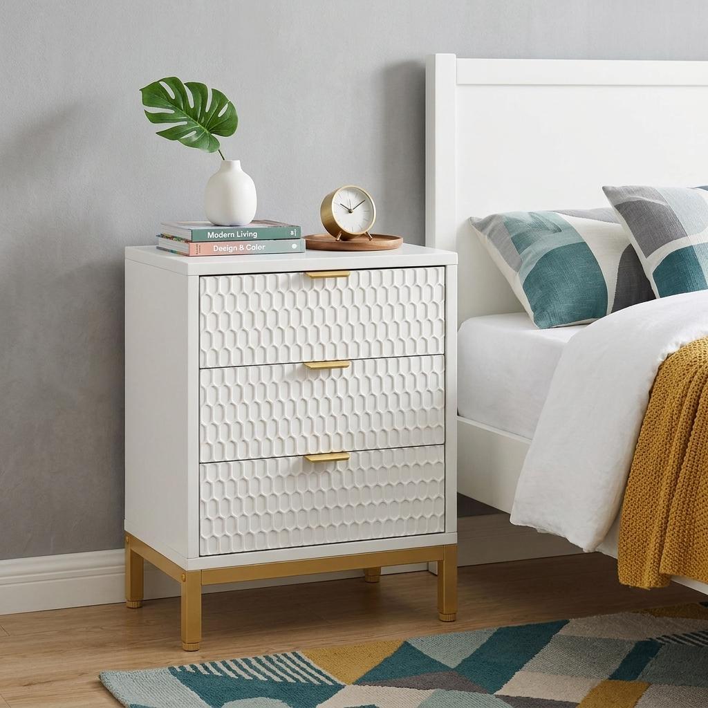 26" White Wood Three Drawer Nightstand